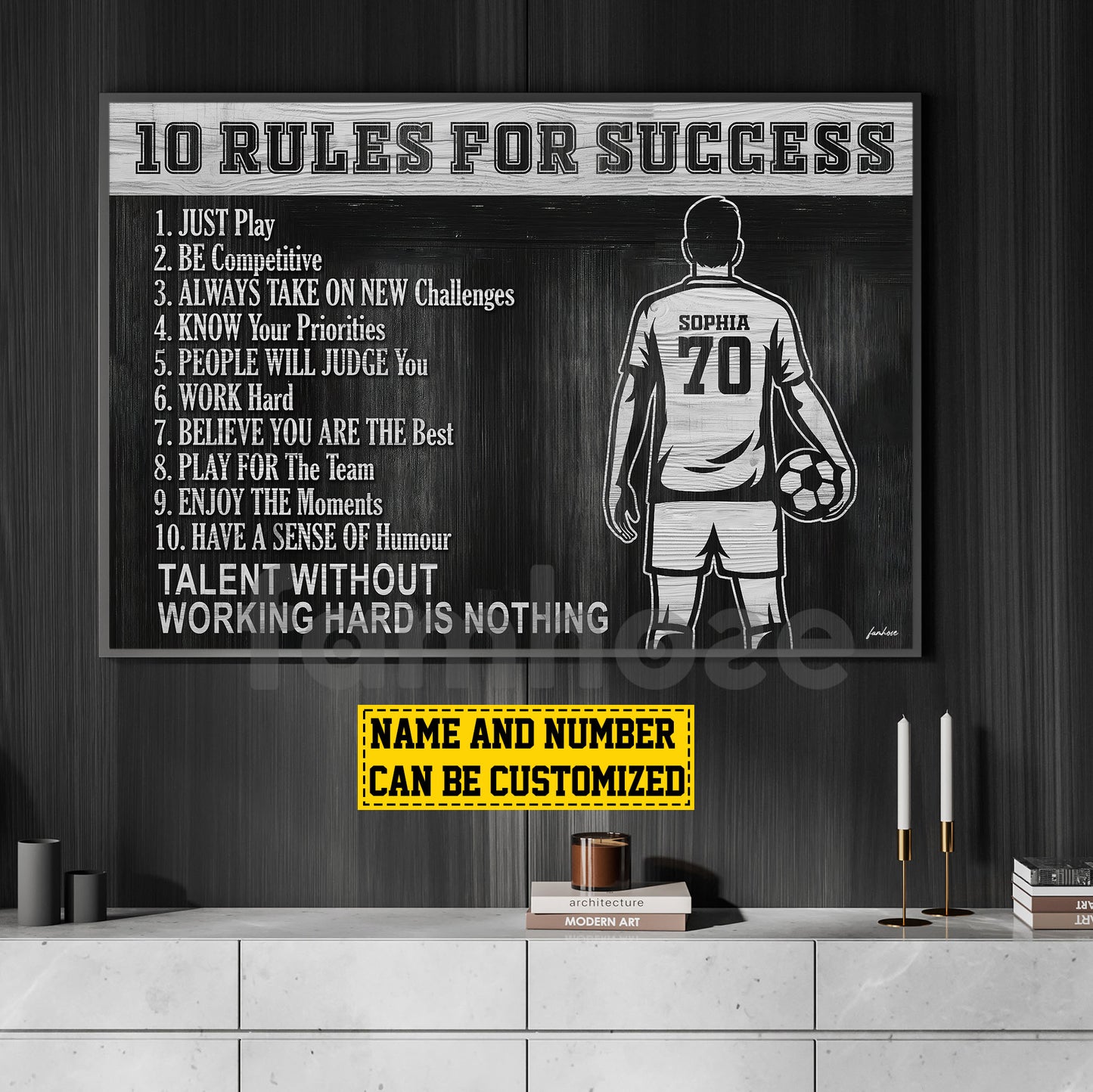 Motivational Personalized Soccer Man Canvas Painting, 10 Rules For Success Wall Art Decor, Poster Gift For Soccer Lovers