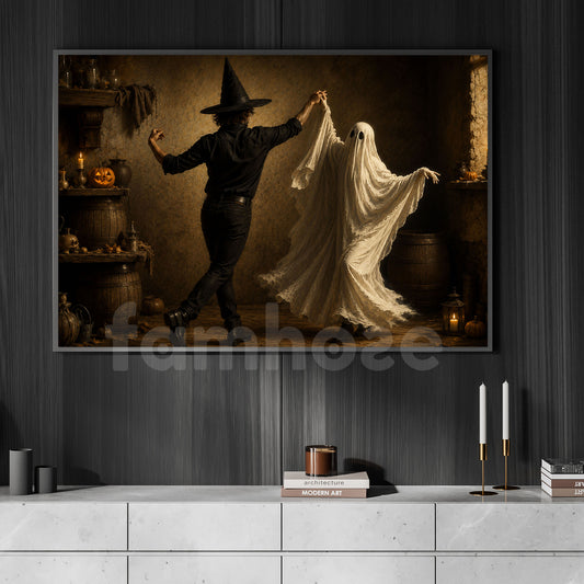 Halloween Witch & Ghost Canvas Painting, Witch And Ghost Are Dancing Spooky Season Wall Art Decor, Halloween Poster Gift