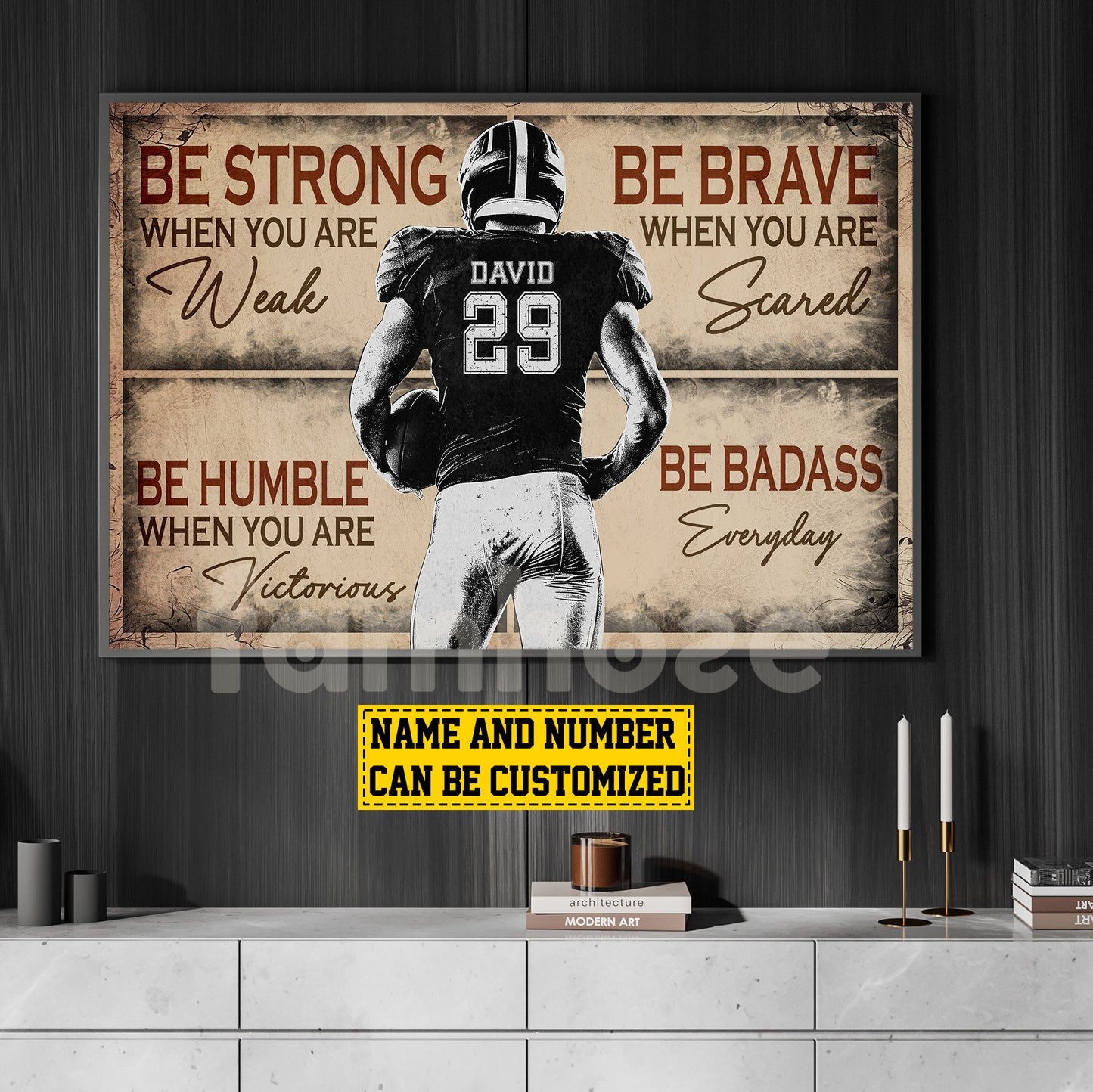 Personalized Football Boy Canvas Painting, Be Strong Brave Humble Badass Cool Quotes Wall Art Decor, Poster Gift For Football Lovers