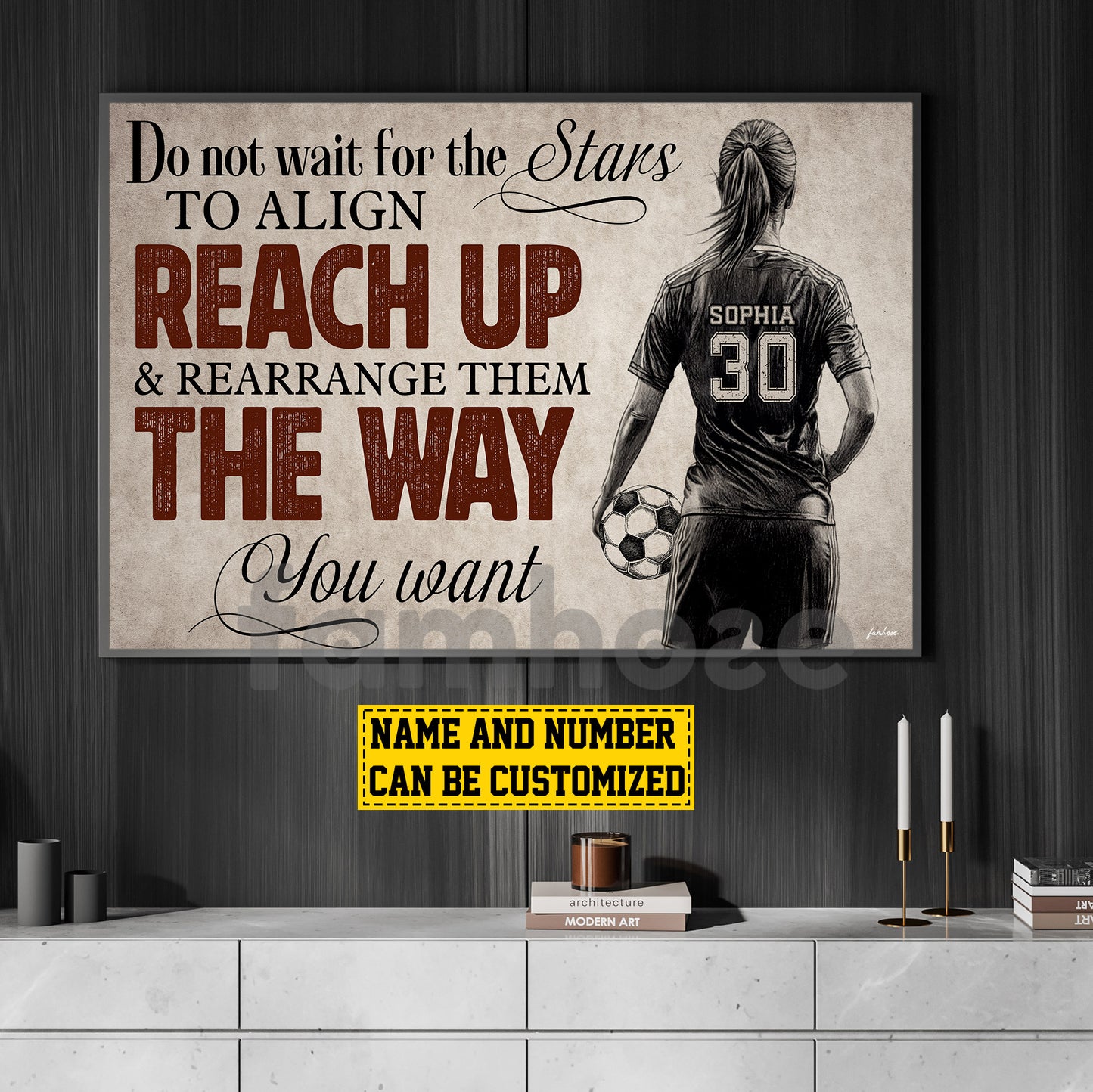 Motivational Personalized Soccer Woman Canvas Painting, Do Not Wait For The Stars To Align Reach Up Sports Quotes Wall Art Decor, Poster Gift For Soccer Lovers