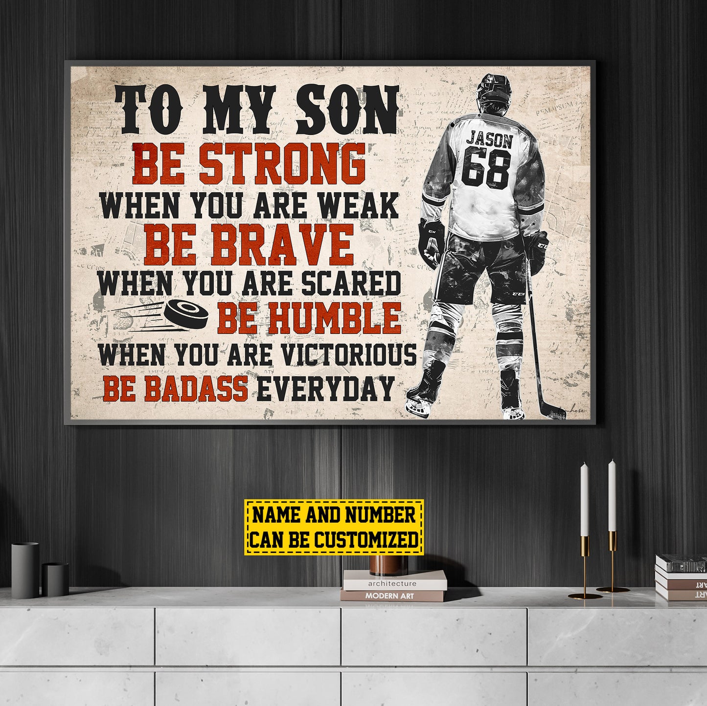 To My Son Be Strong Brave Humble, Personalized Hockey Boy Canvas Painting, Sports Wall Art Decor, Poster Gift For Hockey Lovers, Hockey Boys