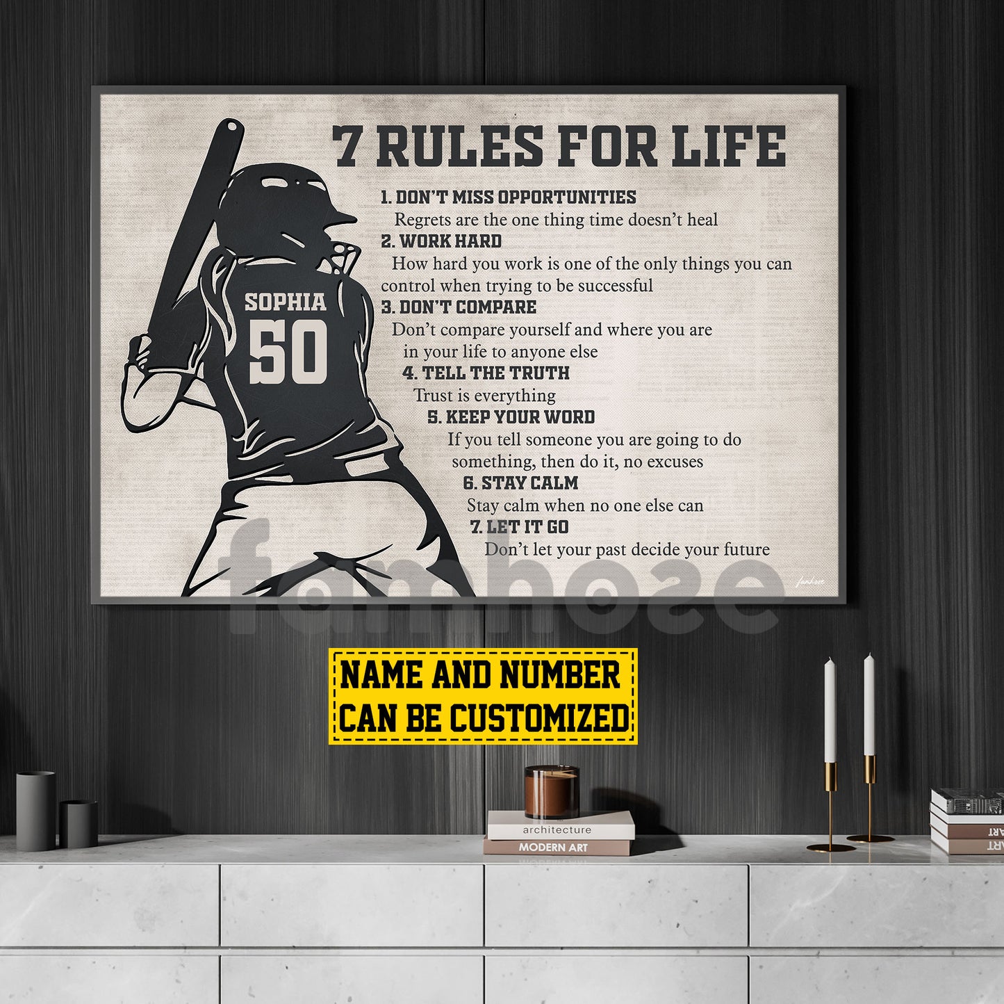 Motivational Personalized Softball Woman Canvas Painting, 7 Rules For Life Sport Wall Art Decor, Poster Gift For Softball Lovers