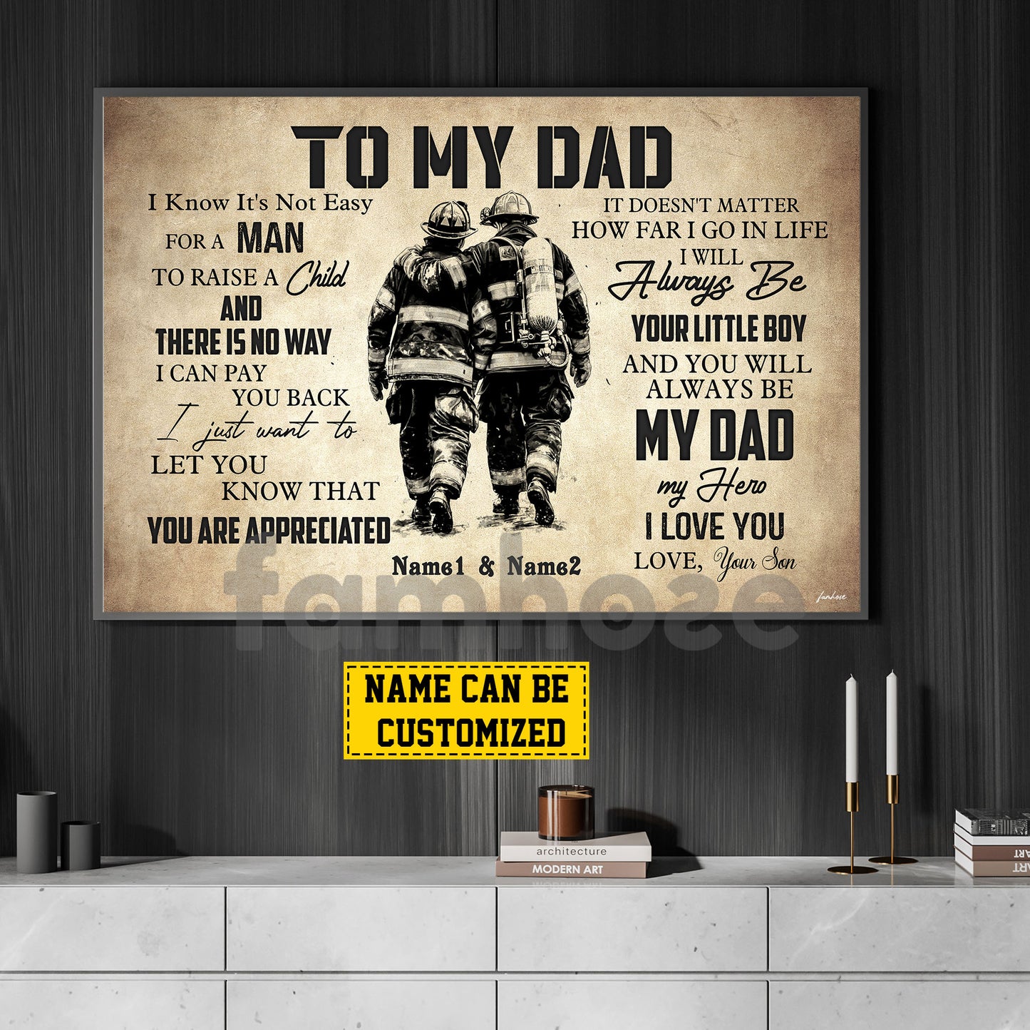 Personalized Firefighter Dad Son Canvas Painting, To My Dad I Know It's Not Easy Wall Art Decor, Poster Father's Day Gift For Fireman, Firefighter Lovers