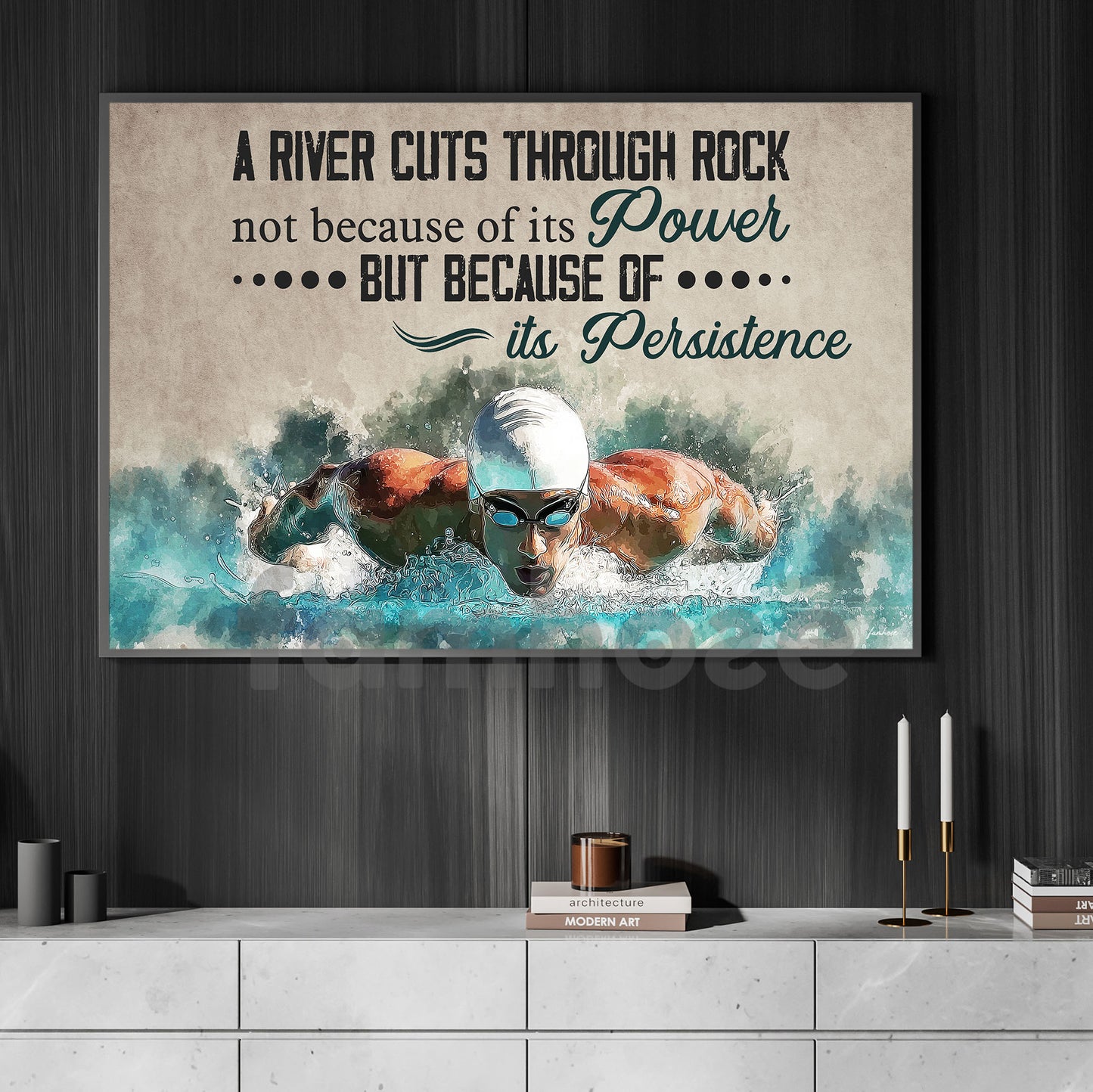 Motivational Swimming Man Canvas Painting, A RIver Cuts Through Rock Sport Wall Art Decor, Poster Gift For Swimming Lovers