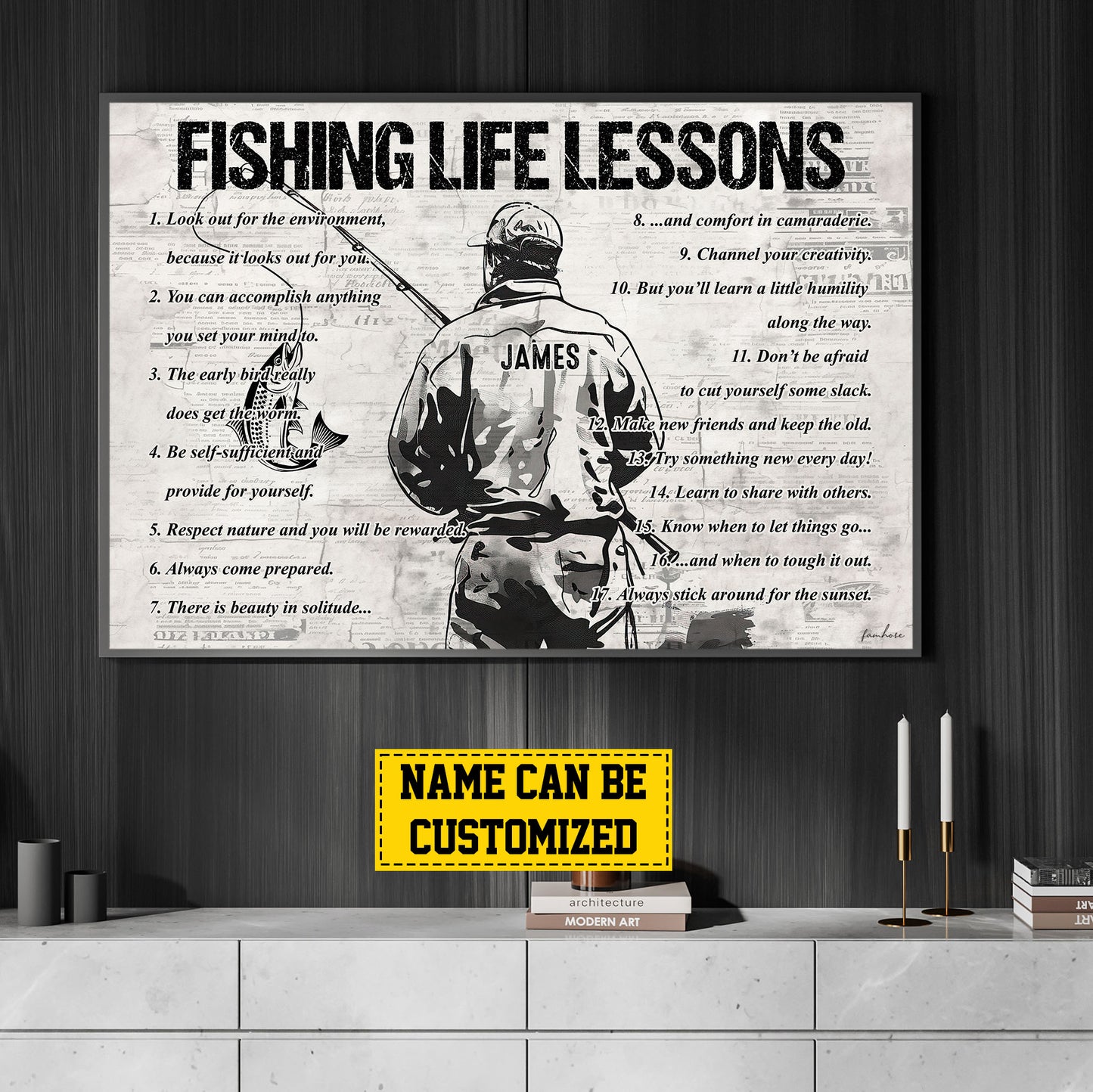 Fishing Life Lessons, Personalized Motivational Fishing Boy Canvas Painting, Sports Quotes Wall Art Decor, Poster Gift For Fishing Lovers