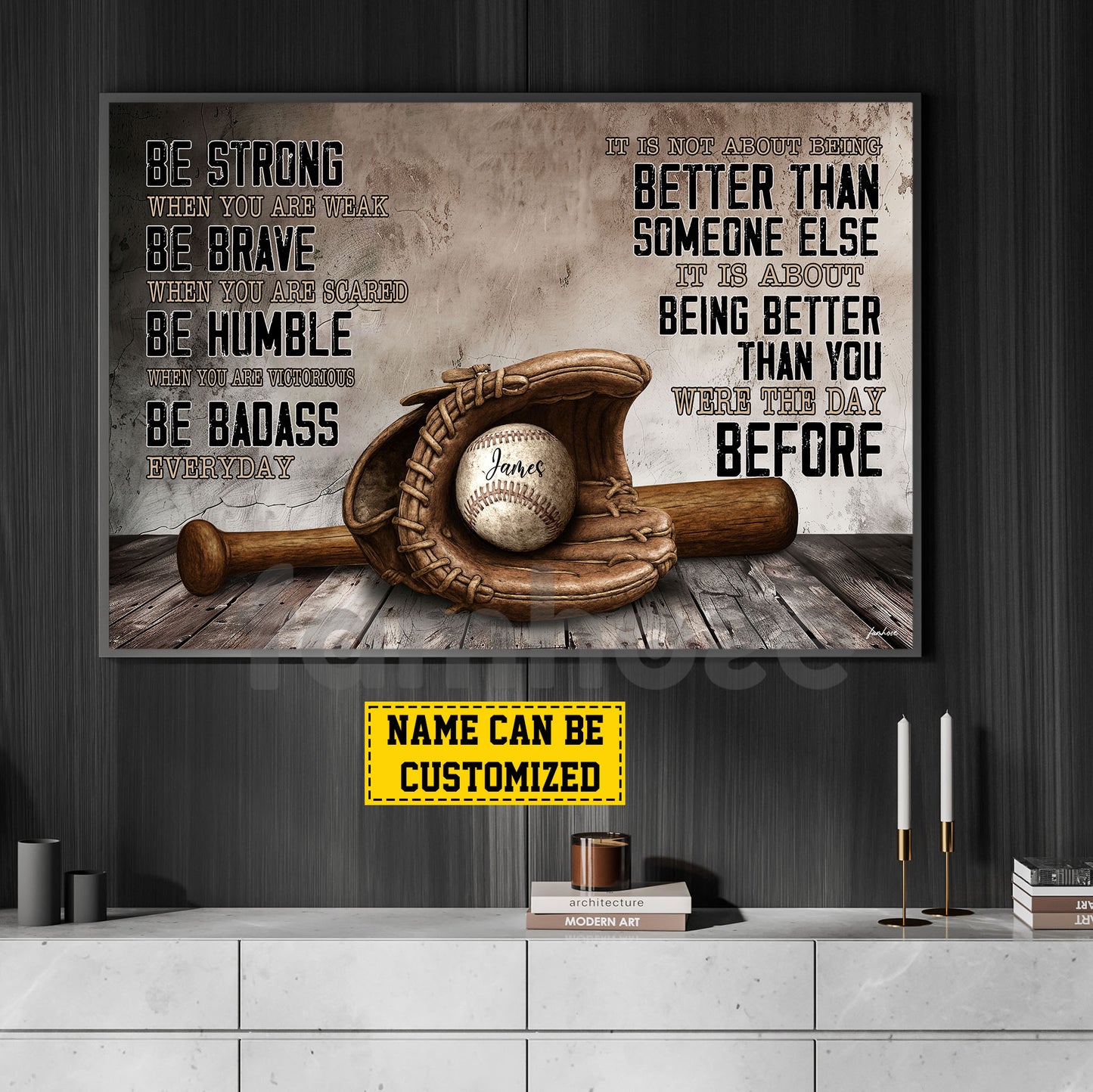 Motivational Personalized Baseball Canvas Painting, Be Strong Brave Humble And Badass Sport Wall Art Decor, Poster Gift For Baseball Lovers