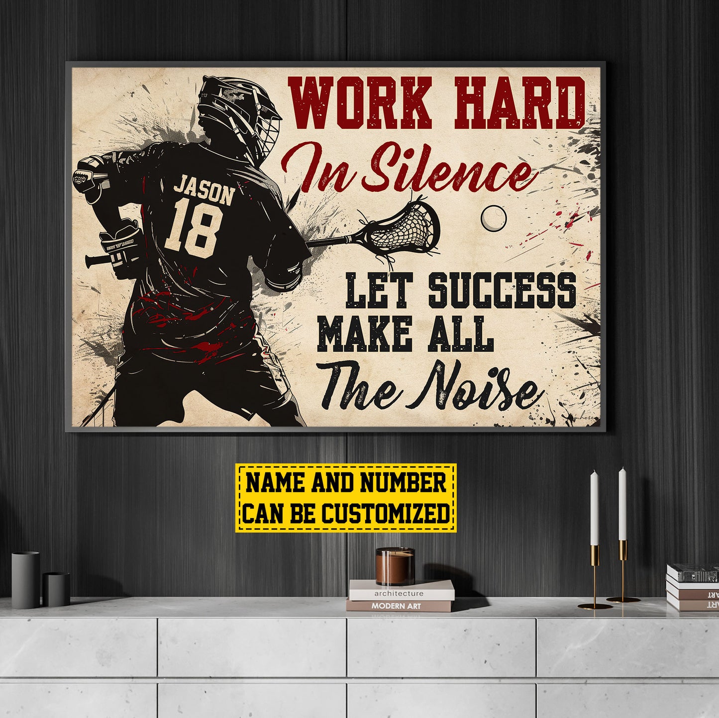 Personalized Motivational Lacrosse Canvas Painting, Work Hard In Silence Let Success, Sports Quotes Wall Art Decor, Poster Gift For Lacrosse Lovers, Lacrosse Boys