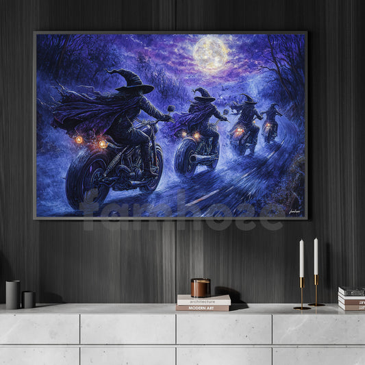 Halloween Motocycle Witch Canvas Painting, Midnight Highway Coven Wall Art Decor, Spooky Season Poster Gift For Biker