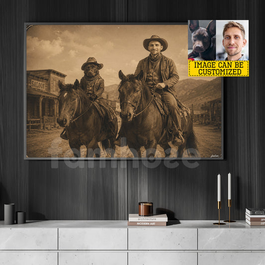 Personalized Cowboy & Dog Canvas Painting, Ride Together Forever Wall Art Decor, Poster Gift For Cowboys, Dog Lover