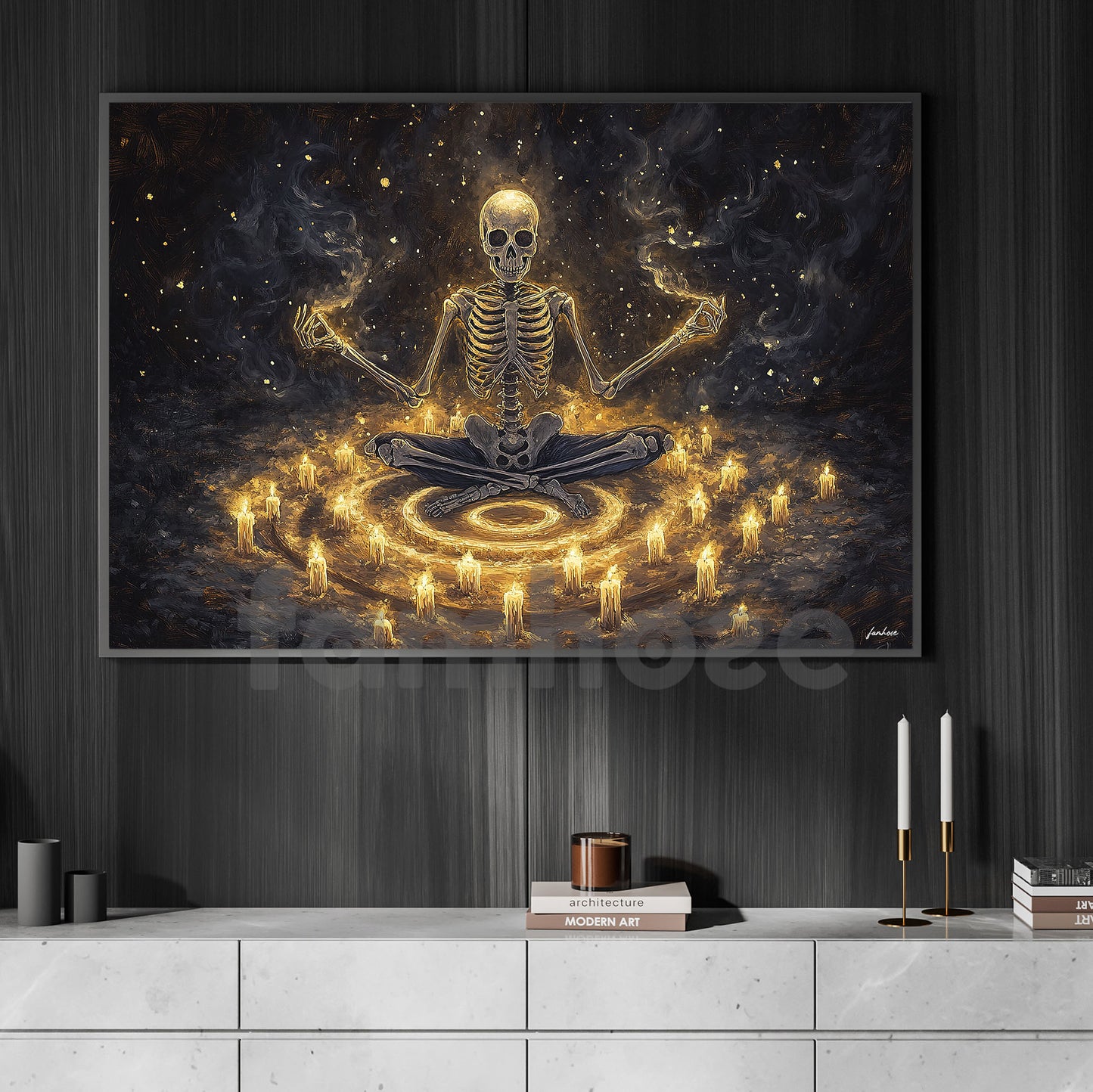Halloween Skeleton Meditation Canvas Painting, Necromancer’s Meditation Wall Art Decor, Spooky Season Poster Gift For Meditator, Skeleton Lovers