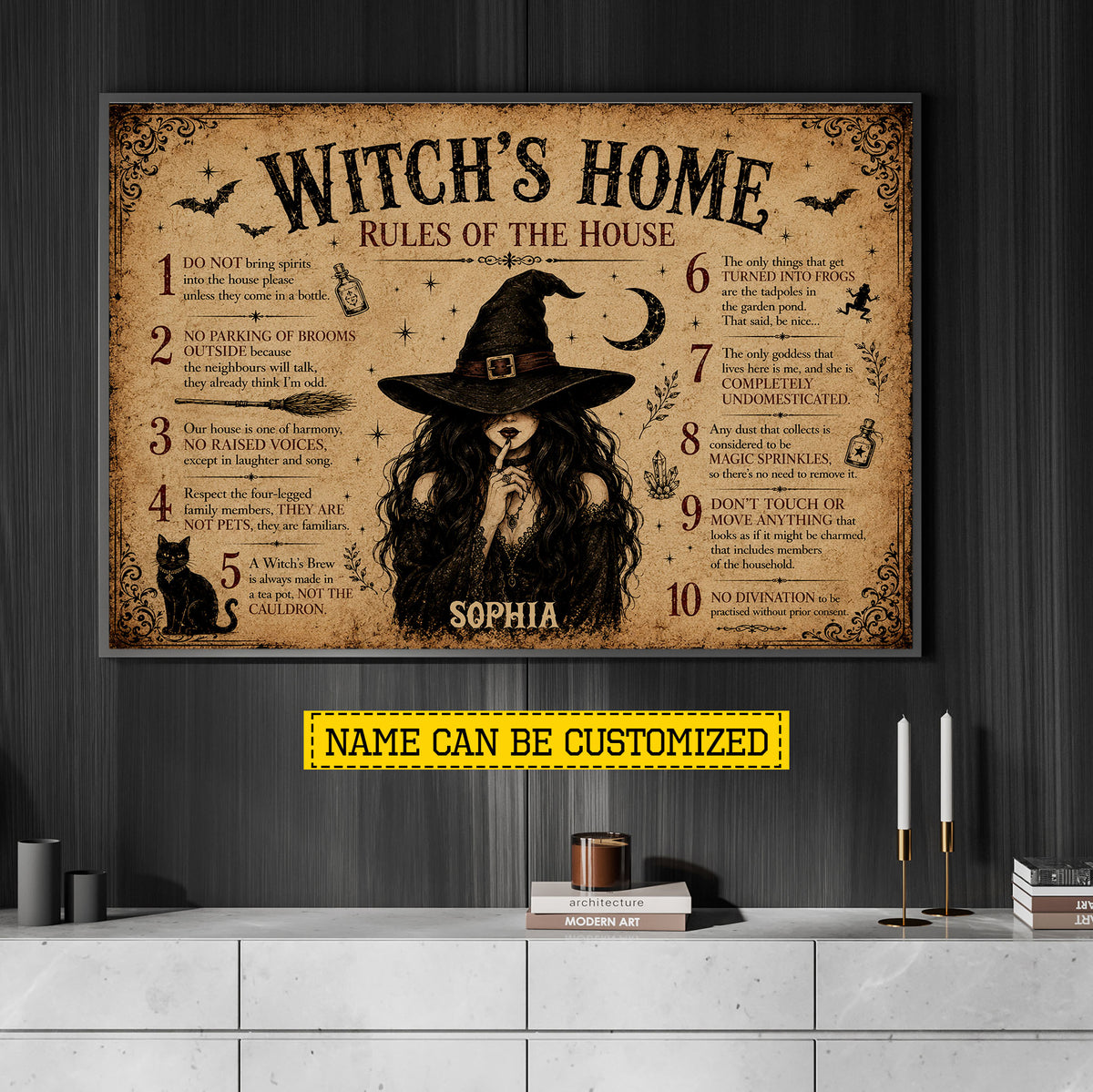 Personalized Halloween Witch Canvas Painting, Witch’s Home Rules Wall Art Decor, Spooky Season Poster Gift For Witch Lover