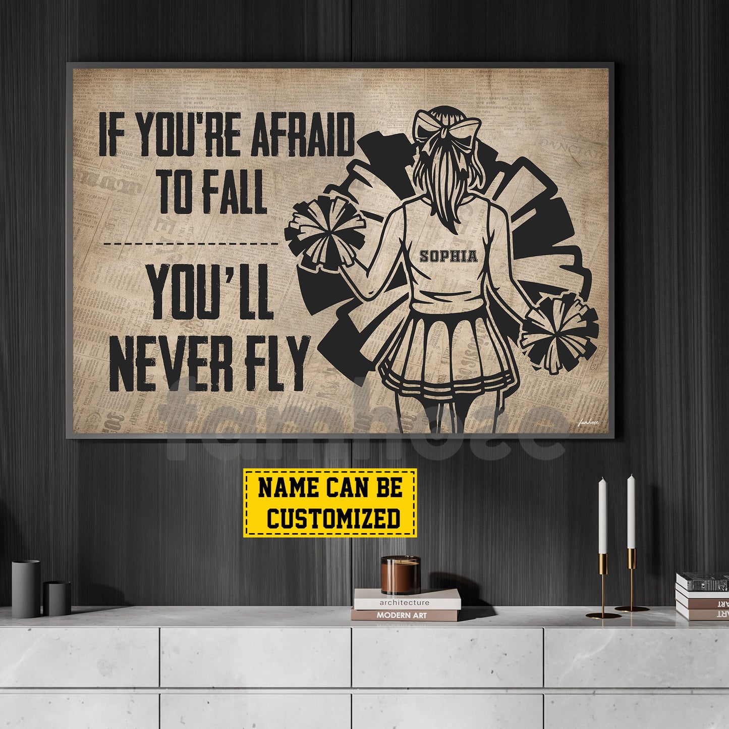 Motivational Personalized Cheerleading Girl Canvas Painting, If You're Afraid To Fall You'll Never Fly Wall Art Decor, Poster Gift For Cheerleading Lovers