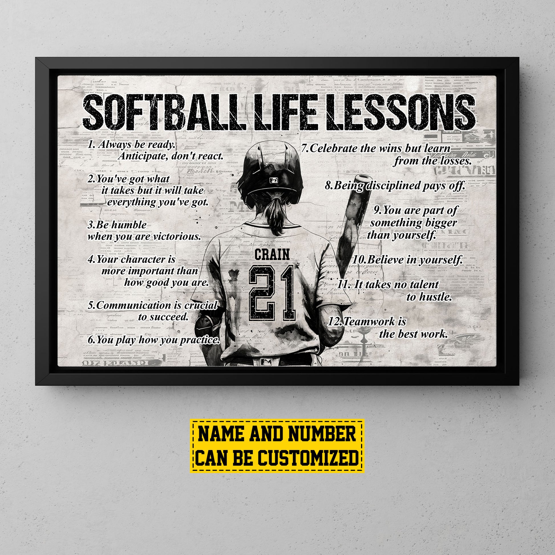 Softball Girl Life Lessons Always Be Ready, Personalized Motivational Softball Canvas Painting, Inspirational Quotes Wall Art Decor, Poster Gift For Softball Girl Lovers