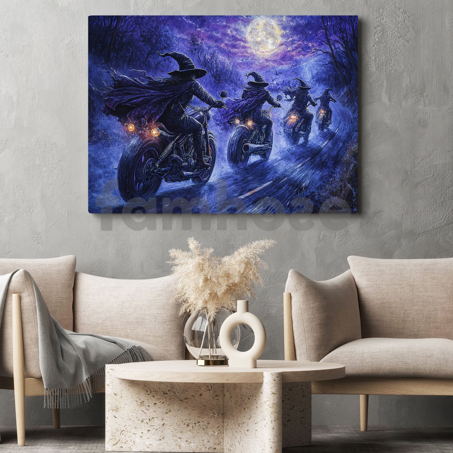 Halloween Motorcycle Witch Canvas Painting, Midnight Highway Coven Wall Art Decor, Spooky Season Poster Gift For Biker