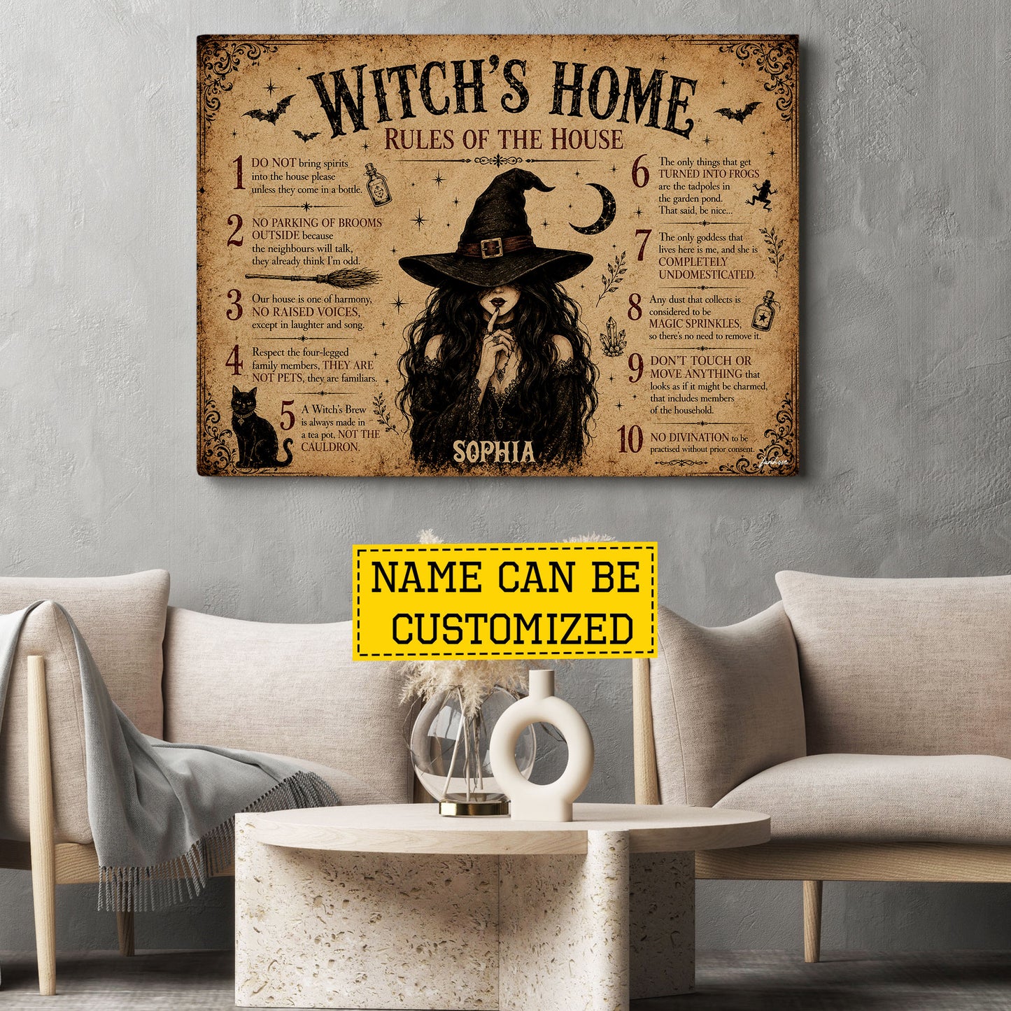 Personalized Halloween Witch Canvas Painting, Witch’s Home Rules Wall Art Decor, Spooky Season Poster Gift For Witch Lover