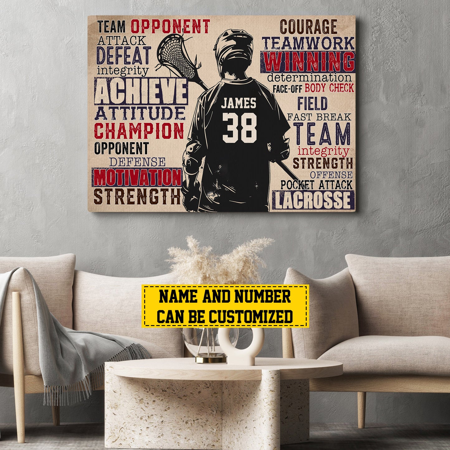 Personalized Motivational Lacrosse Canvas Painting, Champion Motivation Strength, Sports Quotes Wall Art Decor, Poster Gift For Lacrosse Lovers, Lacrosse Boys