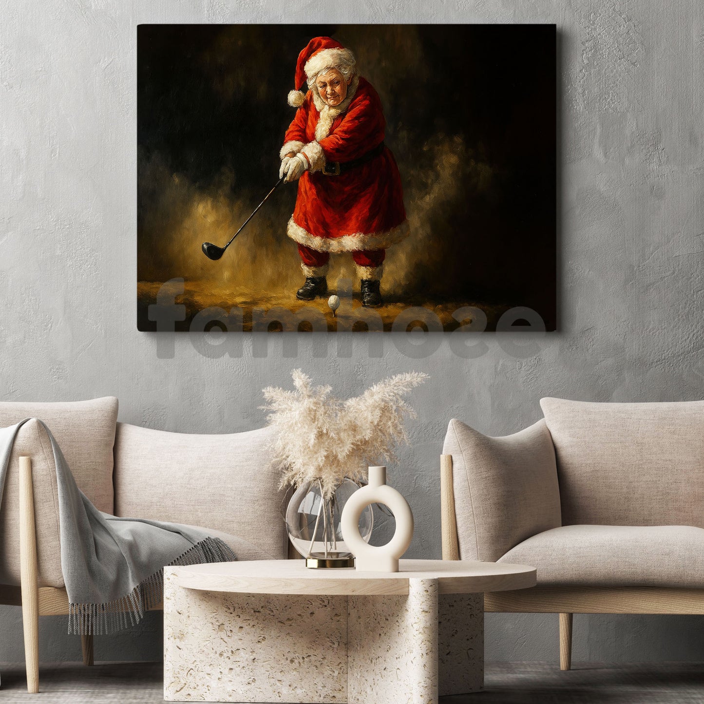 Christmas Golf Canvas Painting, Santa Woman Playing Golf Wall Art Decor, Xmas Poster Gift For Golf Lovers