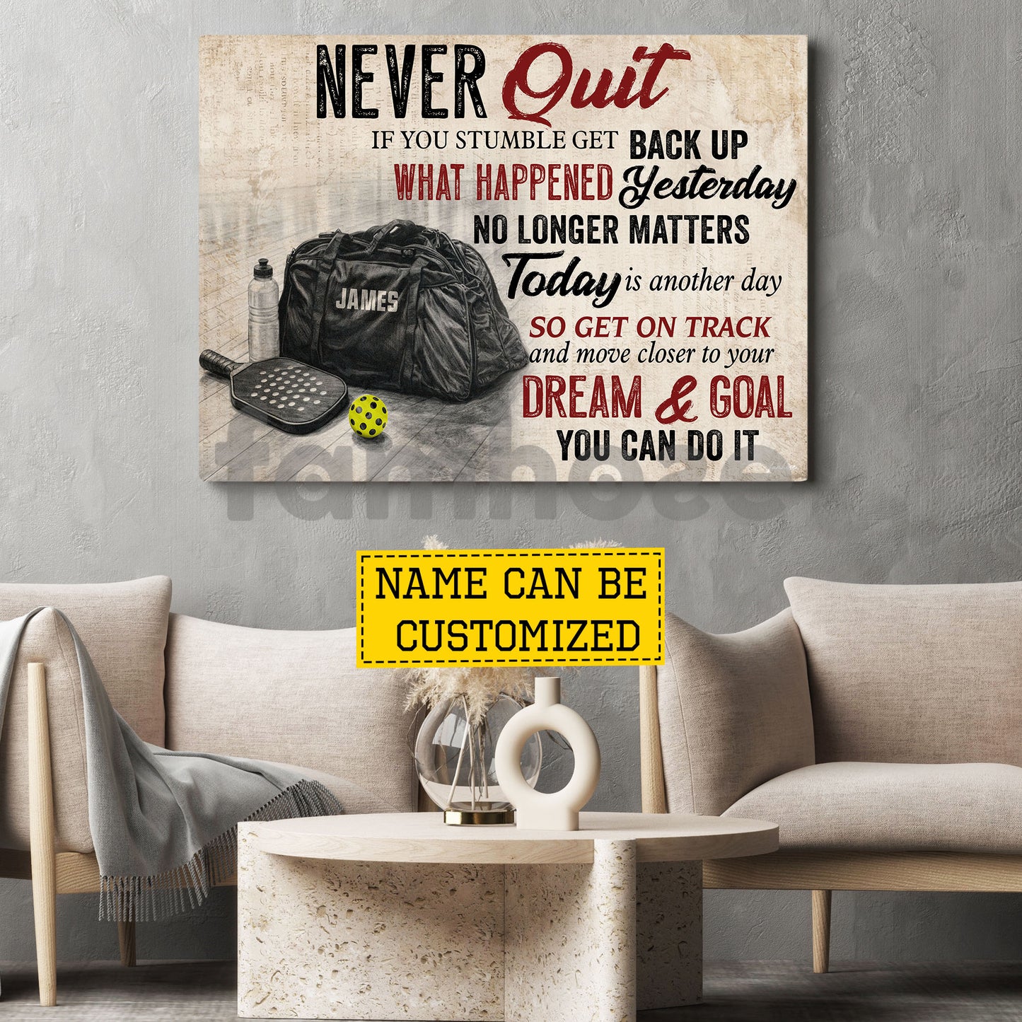 Motivational Personalized Pickleball Canvas Painting, Never Quit You Can Do It Sport Wall Art Decor, Poster Gift For Pickleball Lovers