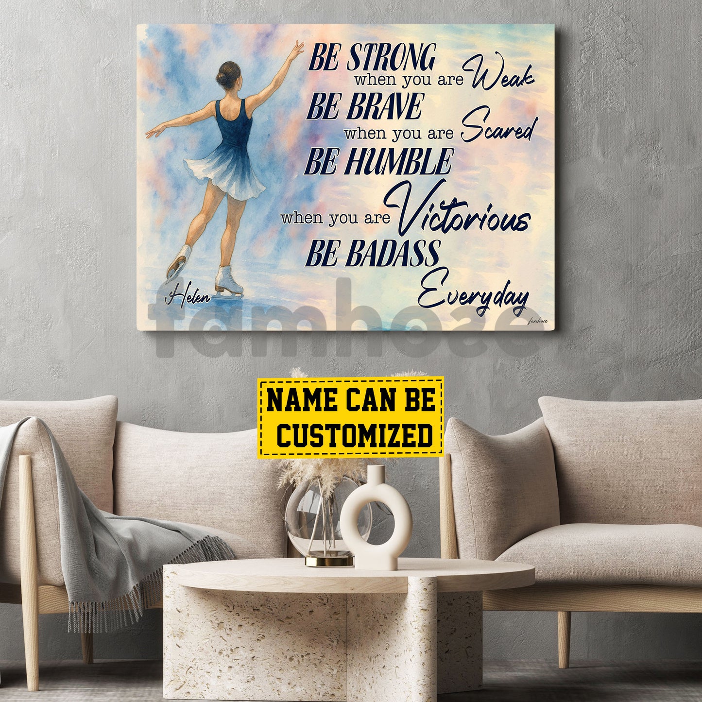 Motivational Personalized Ice Skating Girl Canvas Painting, Be Strong Brave Humble And Badass Sport Wall Art Decor, Poster Gift For Ice Skating Lovers