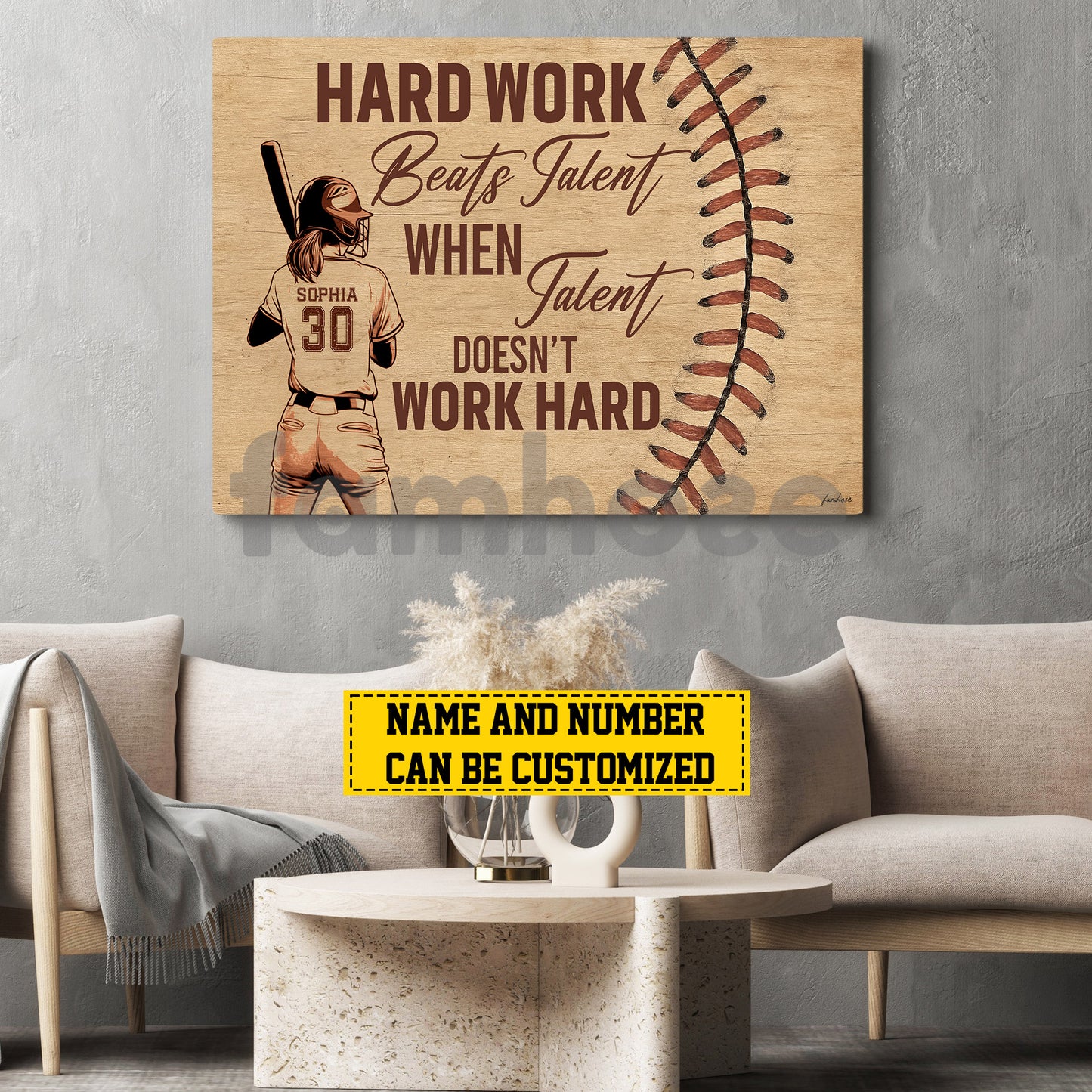 Motivational Personalized Softball Woman Canvas Painting, Hard Work Beats Talent Wall Art Decor, Poster Gift For Softball Lovers