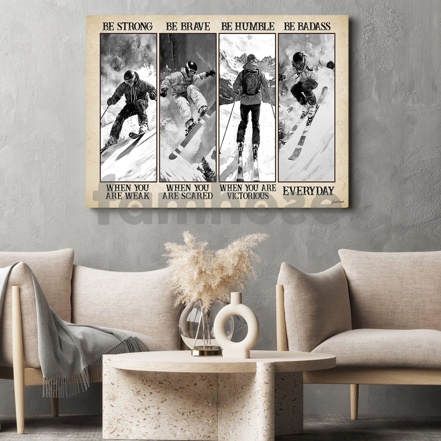 Motivational Skiing Boy Canvas Painting, Be Strong Brave Humble Badass Sport Wall Art Decor, Poster Gift For Skiing Lovers
