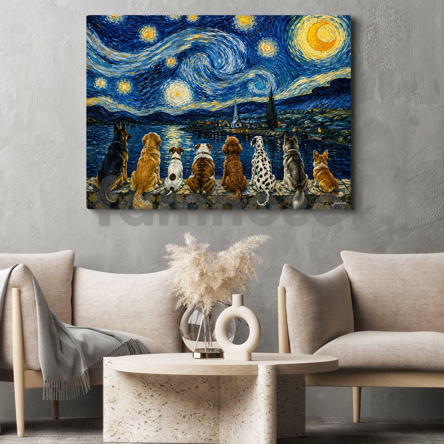 Impasto Oil Dog Canvas Painting, A Night Beneath the Stars Wall Art Decor, Poster Gift For Dog Lovers