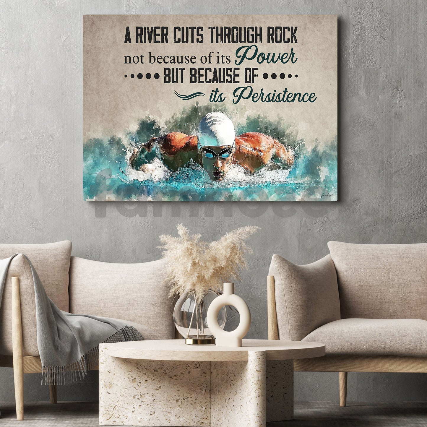 Motivational Swimming Man Canvas Painting, A RIver Cuts Through Rock Sport Wall Art Decor, Poster Gift For Swimming Lovers