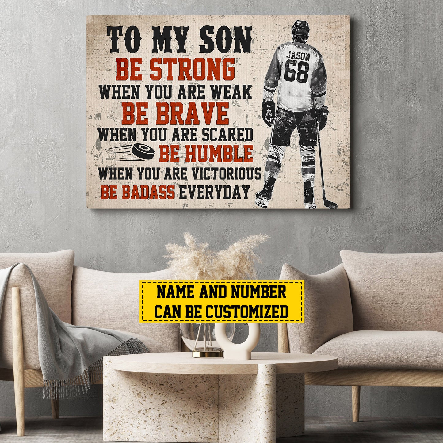 To My Son Be Strong Brave Humble, Personalized Hockey Boy Canvas Painting, Sports Wall Art Decor, Poster Gift For Hockey Lovers, Hockey Boys