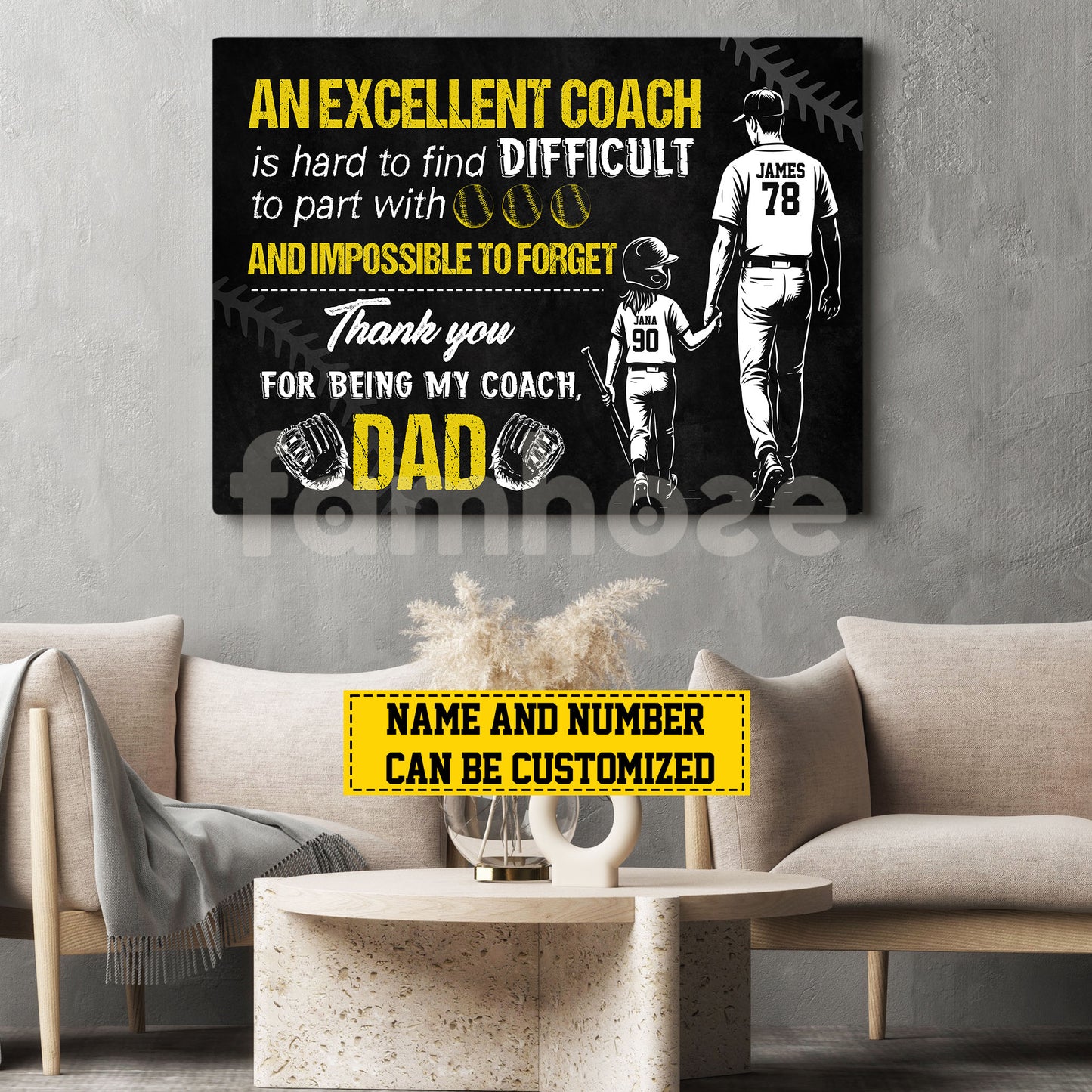 Motivational Personalized Softball Dad Daughter Canvas Painting, An Excellent Coach Sport Wall Art Decor, Poster Father's Day Gift For Softball Lovers