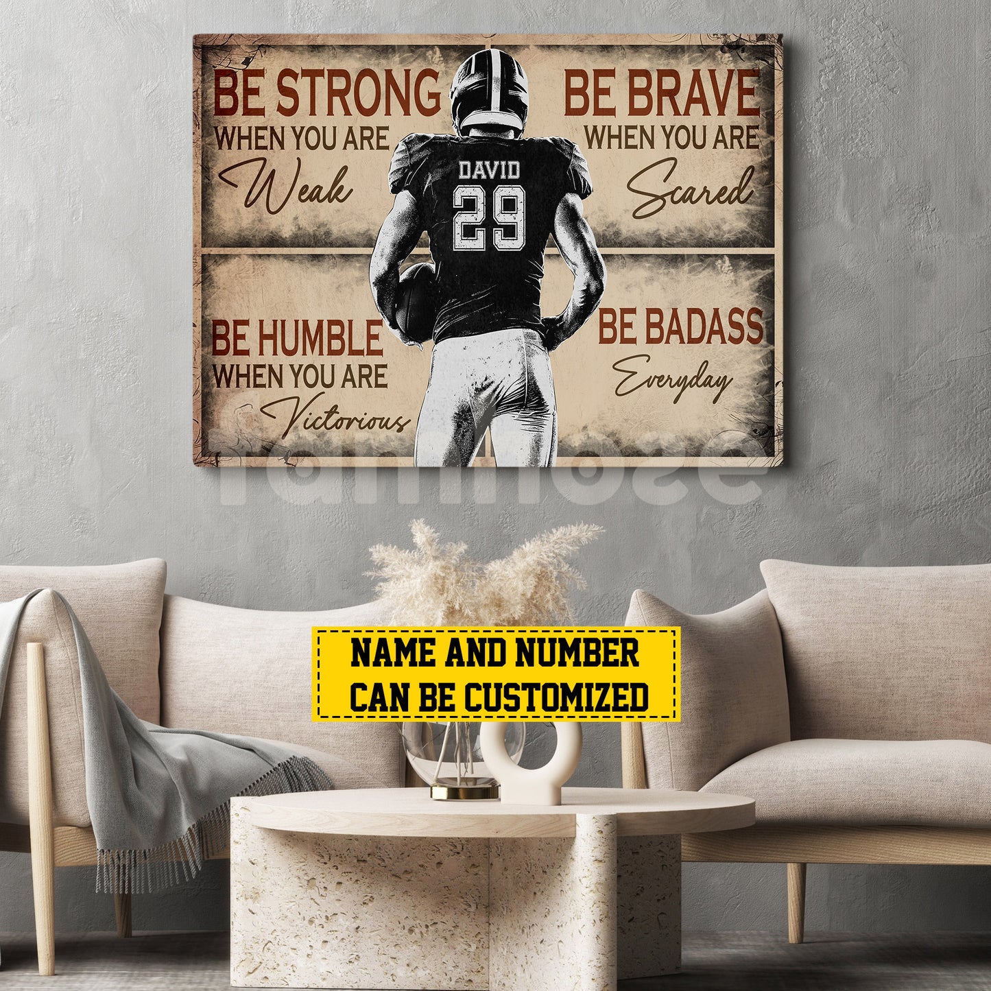 Personalized Football Boy Canvas Painting, Be Strong Brave Humble Badass Cool Quotes Wall Art Decor, Poster Gift For Football Lovers