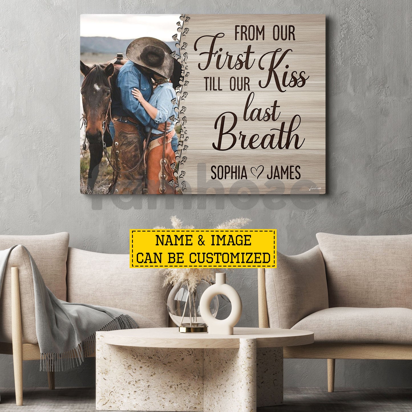 Personalized Cowboy Cowgirl Couple Canvas Painting, From Our First Kiss Wall Art Decor, Valentine Poster Gift For Western Couple
