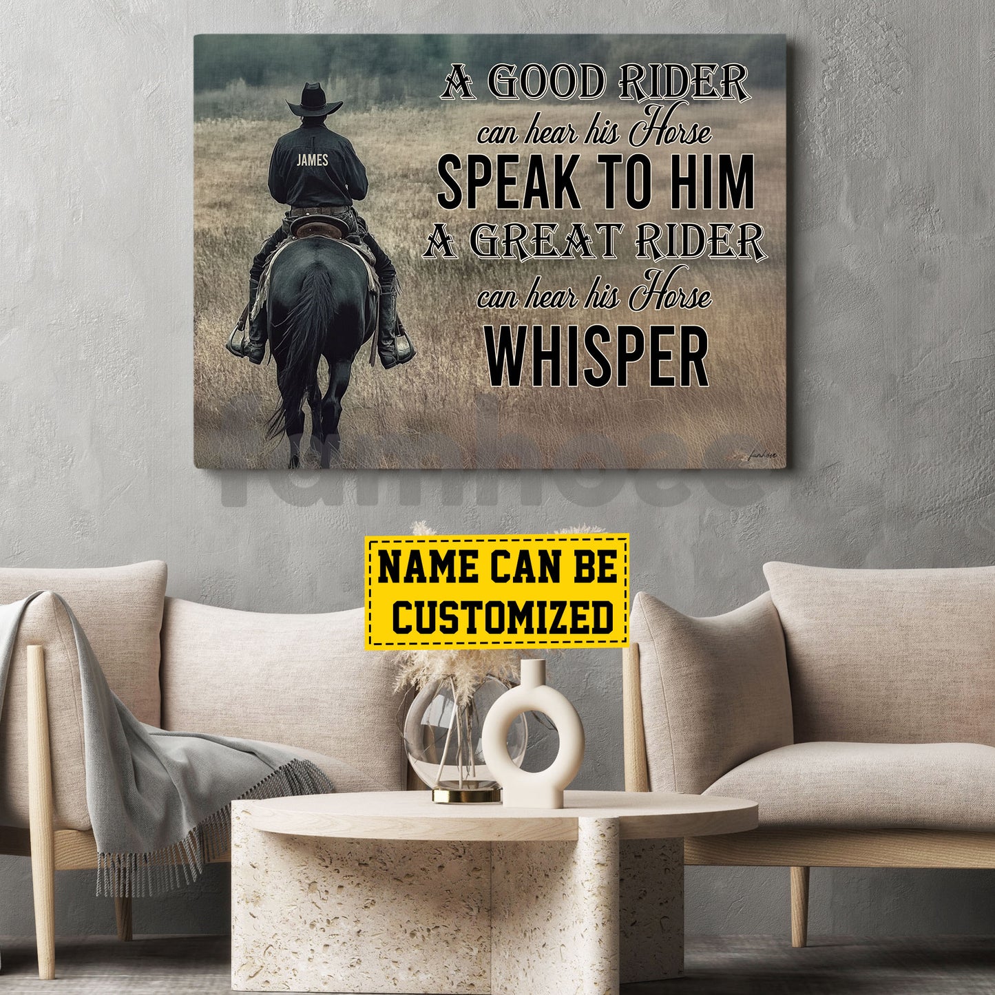 Personalized Cowboy Riding Horse Canvas Painting, A Great Rider Can Hear His Horse Whisper Wall Art Decor, Poster Gift For Cowboy Lovers