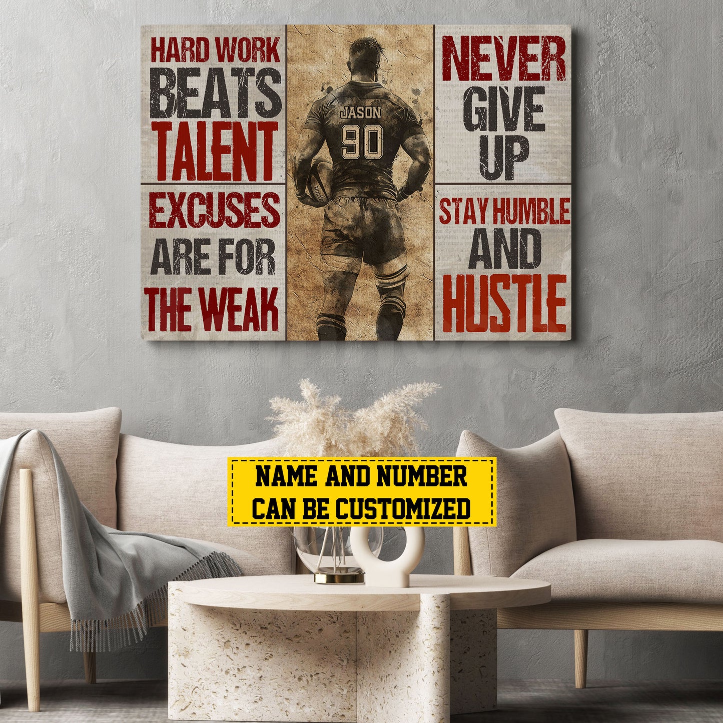 Personalized Motivational Rugby Boy Canvas Painting, Hard Work Never Give Up, Sports Quotes Wall Art Decor, Poster Gift For Rugby Lovers