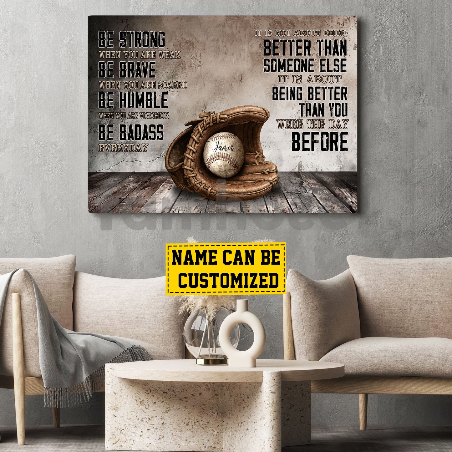 Motivational Personalized Baseball Canvas Painting, Be Strong Brave Humble And Badass Sport Wall Art Decor, Poster Gift For Baseball Lovers
