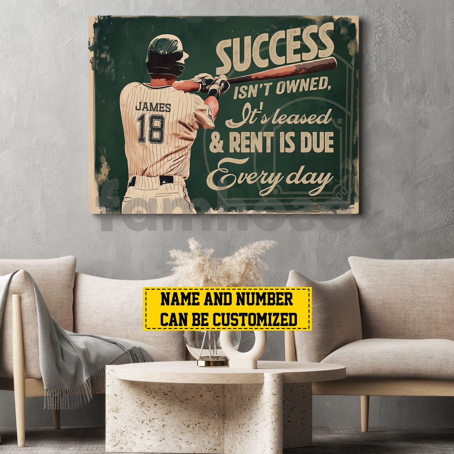 Personalized Baseball Man Canvas Painting, Success Isn't Owned It's Leased Sport Wall Art Decor, Poster Gift For Baseball Lovers