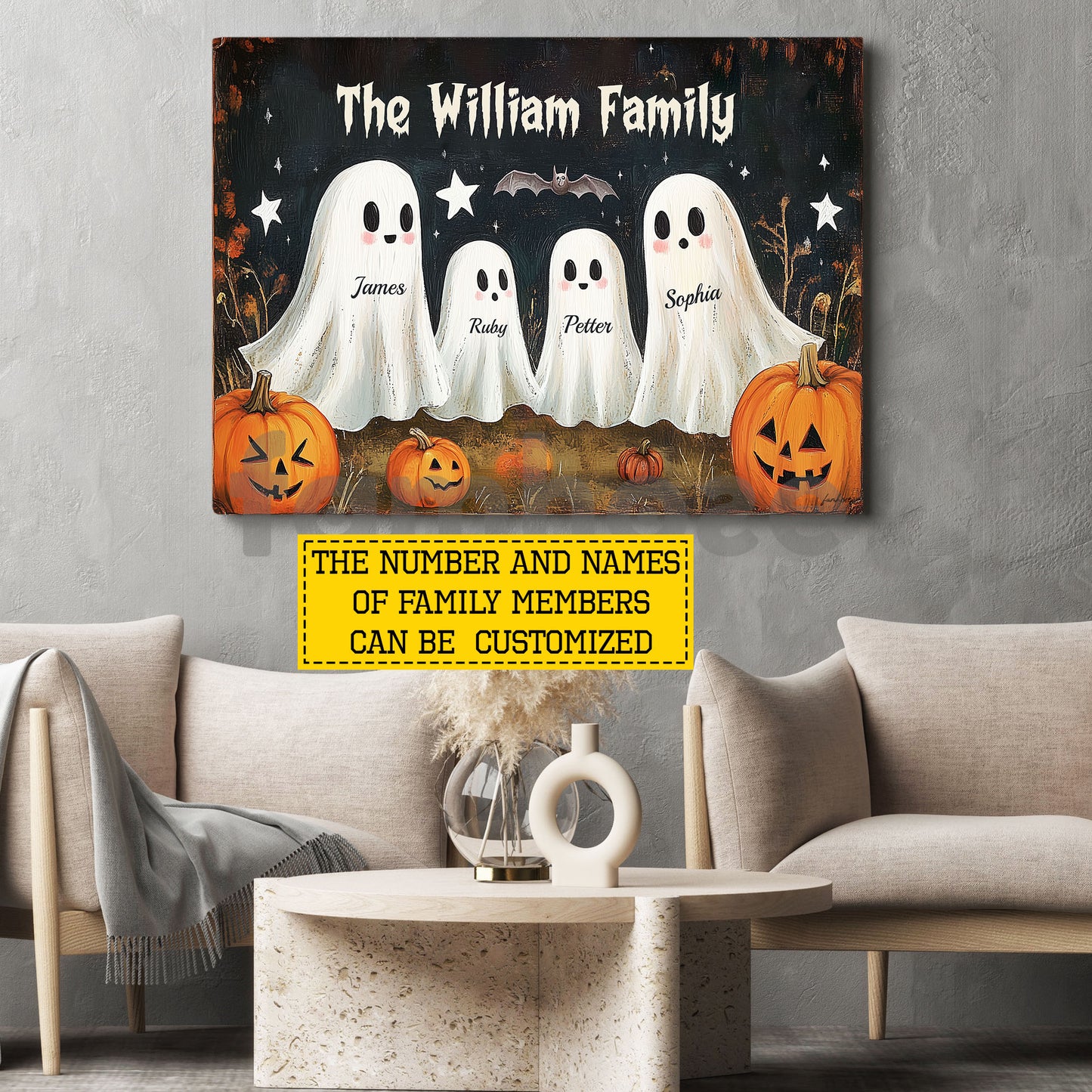 Personalized Halloween Family Ghost Canvas Painting, Ghost Family Wall Art Decor, Spooky Season Poster Gift For Ghost Lovers