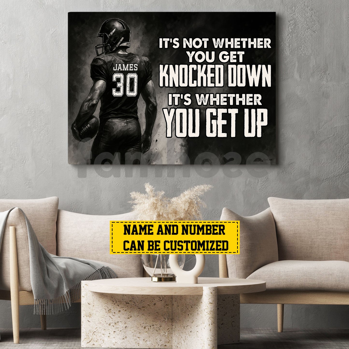 Motivational Personalized Football Man Canvas Painting, It's Not Whether You Get Knocked Down Sport Wall Art Decor, Poster Gift For Football Lovers