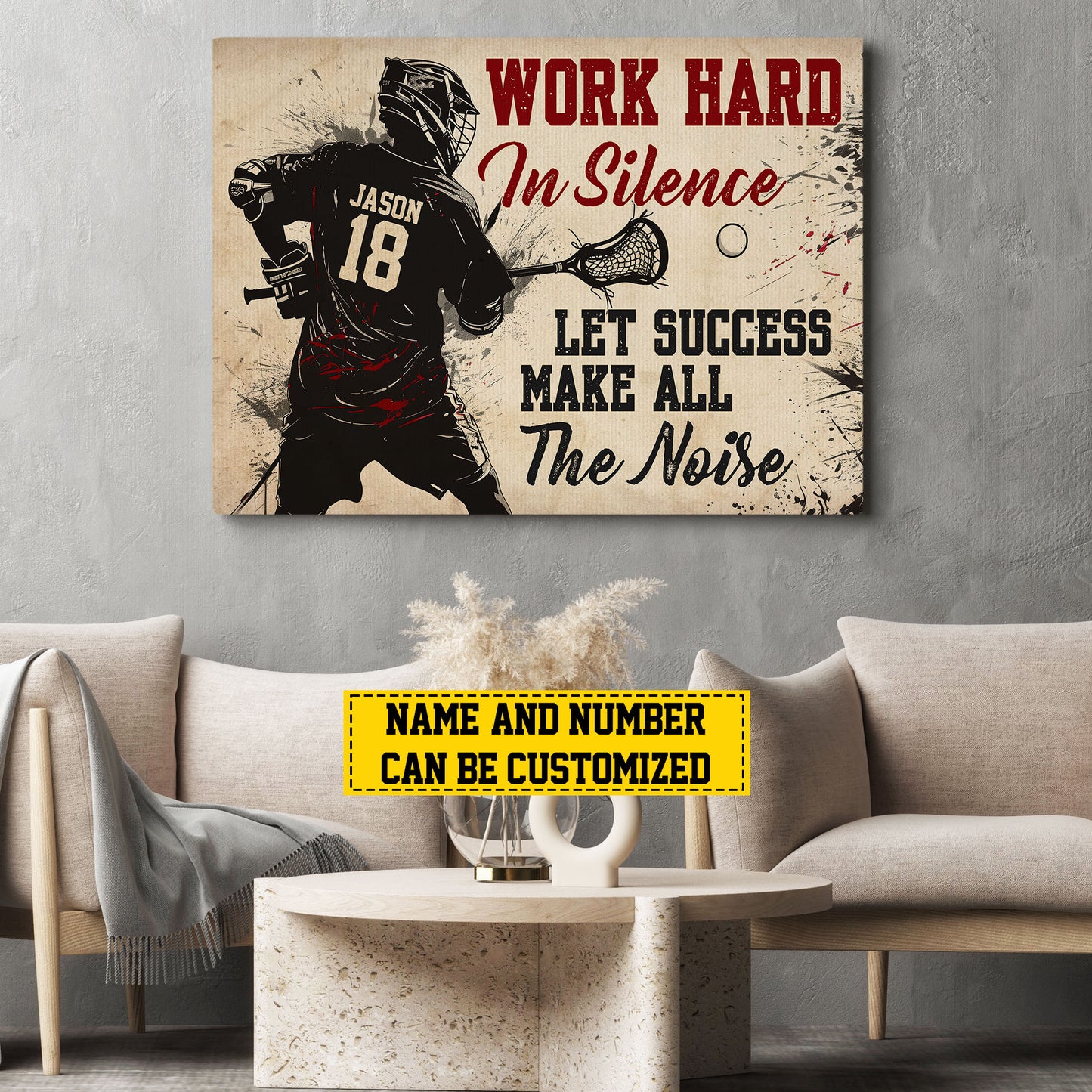 Personalized Motivational Lacrosse Canvas Painting, Work Hard In Silence Let Success, Sports Quotes Wall Art Decor, Poster Gift For Lacrosse Lovers, Lacrosse Boys