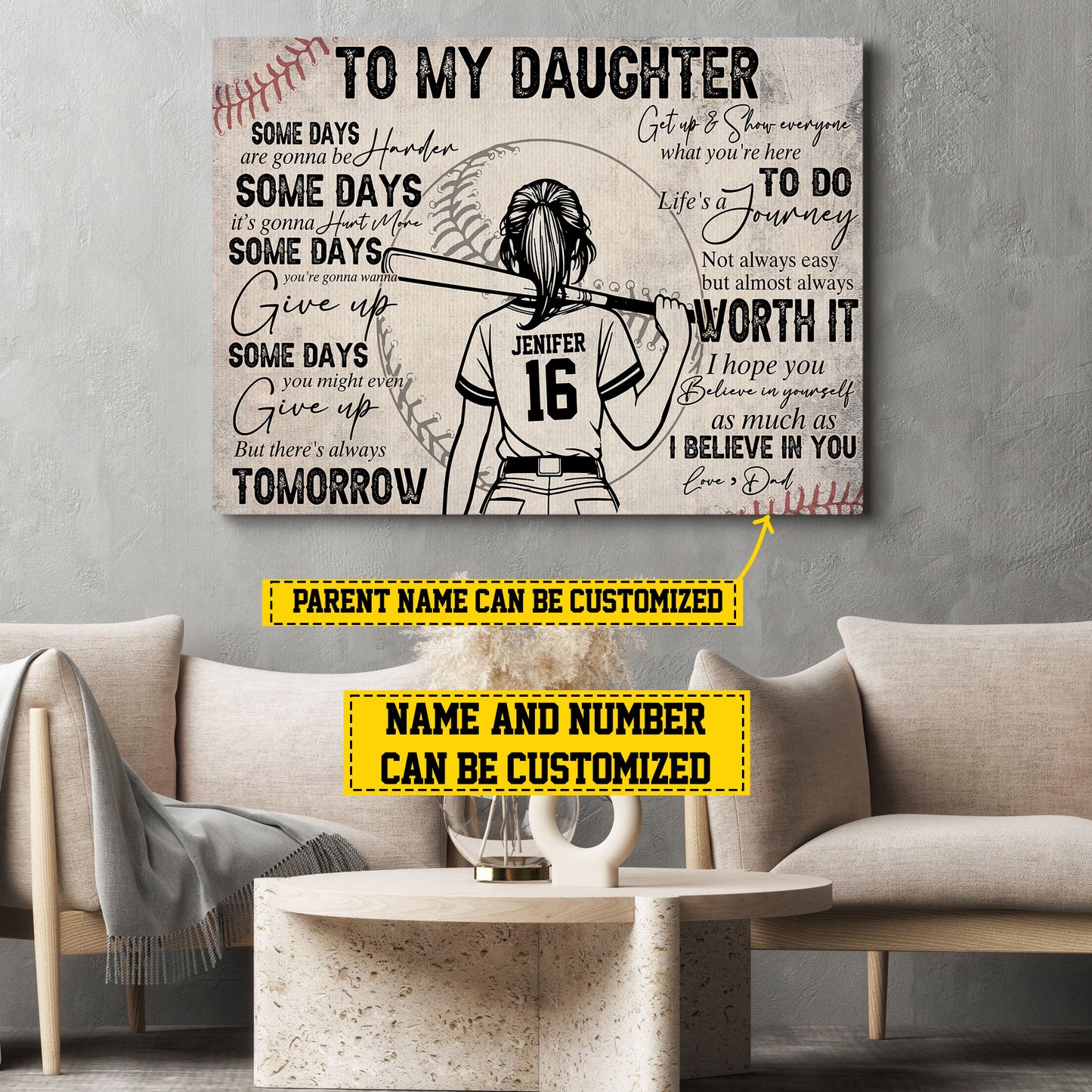 Personalized Motivational Softball Girl Canvas Painting, To My Daughter Believe In Yourself, Sports Quotes Wall Art Decor, Poster Gift For Softball Lovers, Gift For Daughter From Dad,Mom