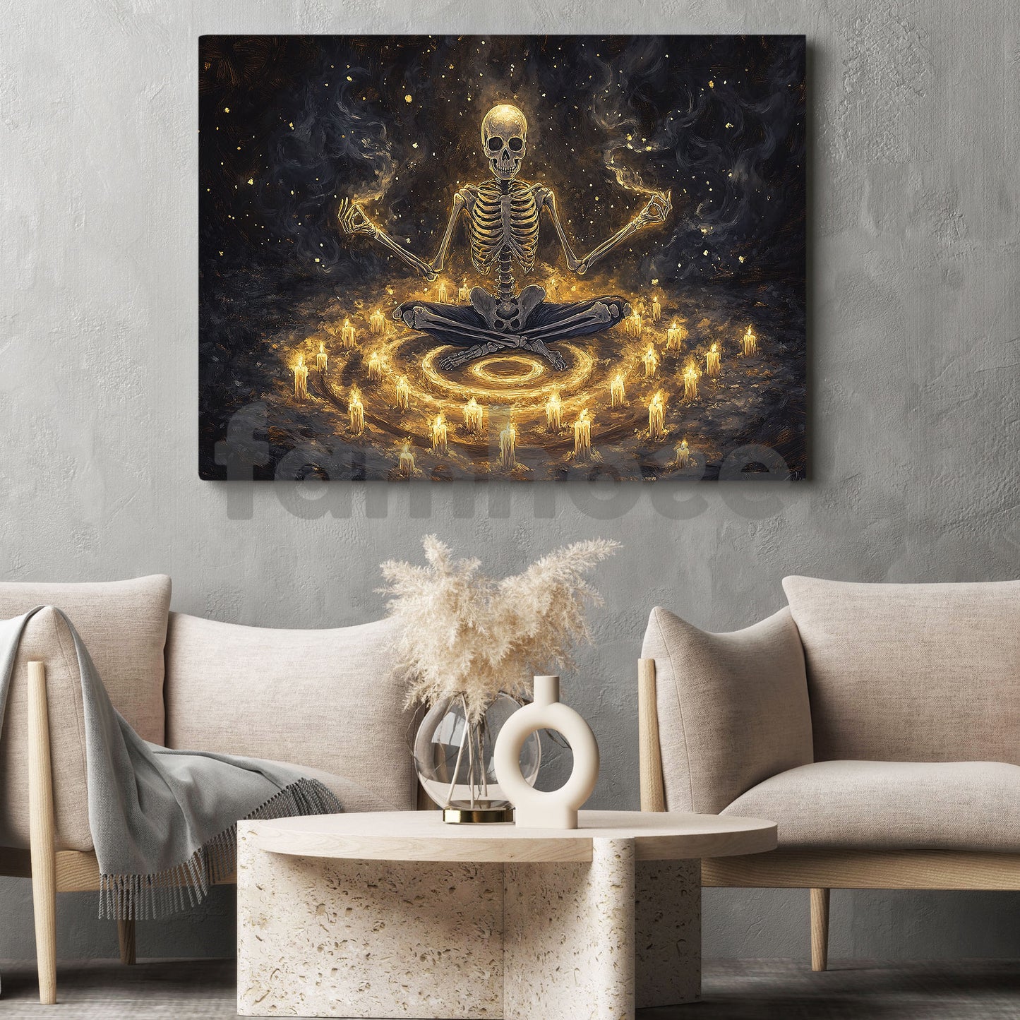 Halloween Skeleton Meditation Canvas Painting, Necromancer’s Meditation Wall Art Decor, Spooky Season Poster Gift For Meditator, Skeleton Lovers