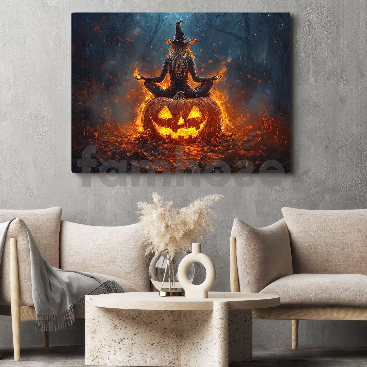 Halloween Meditation Witch Canvas Painting, A Witch Sits Cross Wall Art Decor, Spooky Season Poster Gift For Meditator, Witch Lovers