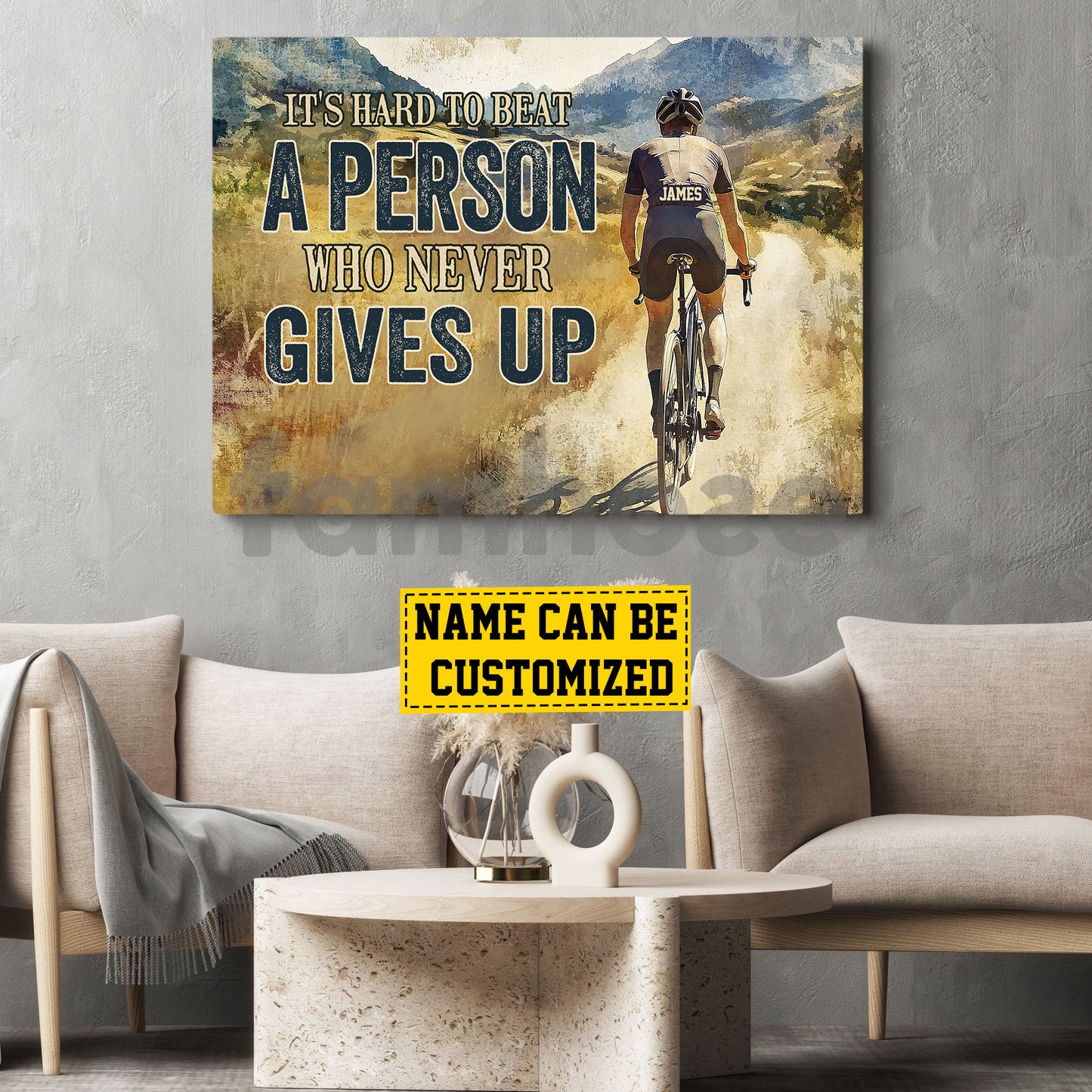 Motivational Personalized Cycling Man Canvas Painting, It's Hard To Beat A Person Who Never Gives Up Sport Wall Art Decor, Poster Gift For Cycling Lovers