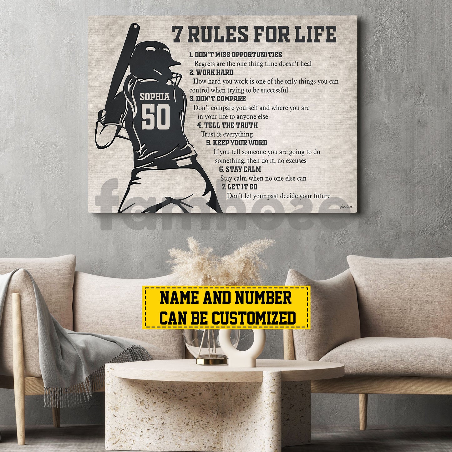 Motivational Personalized Softball Woman Canvas Painting, 7 Rules For Life Sport Wall Art Decor, Poster Gift For Softball Lovers