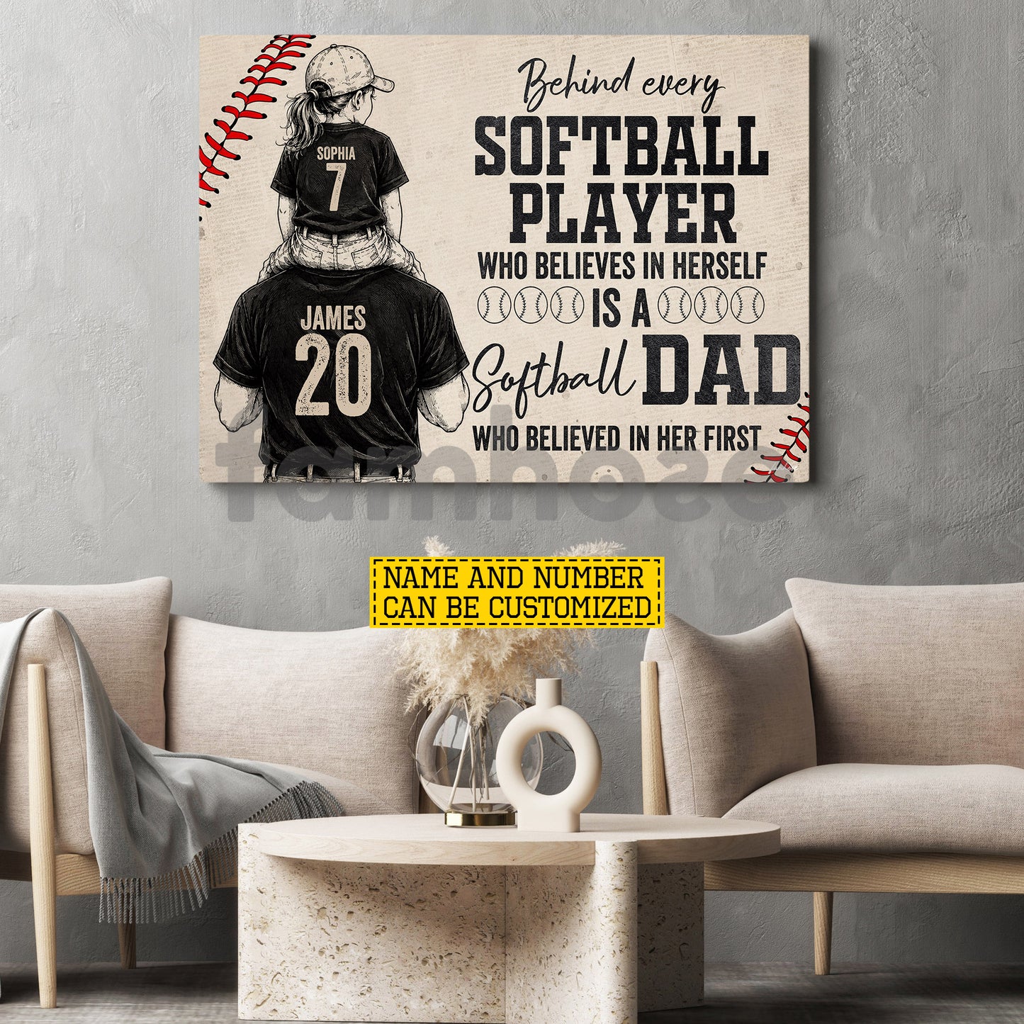 Personalized Softball Dad Daughter Canvas Painting, Behind Every Softball Player Sport Wall Art Decor, Poster Father's Day Gift For Softball Lovers