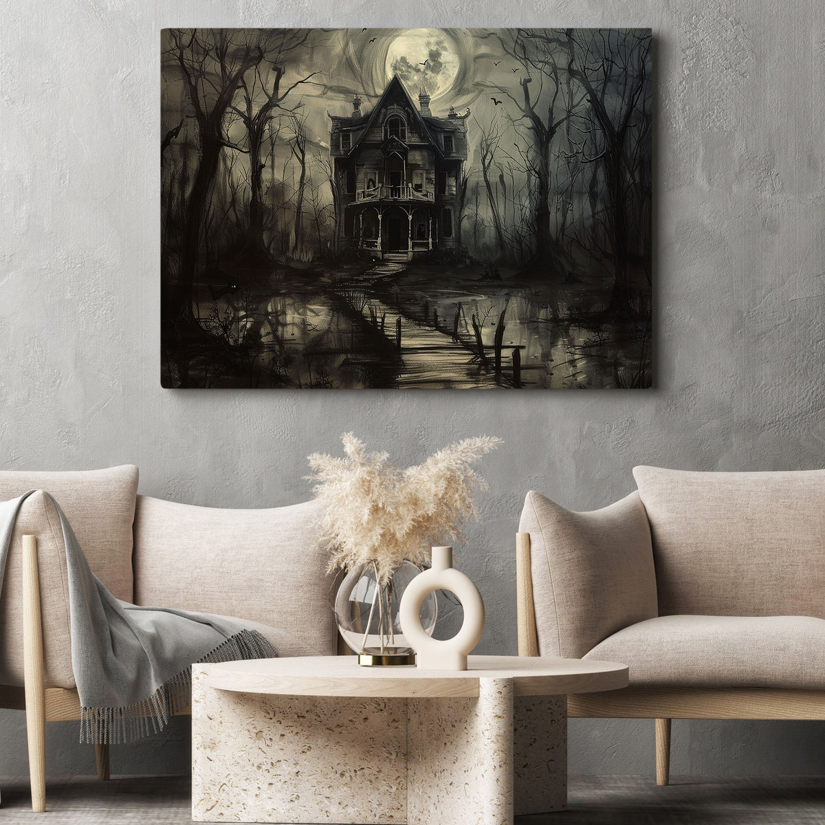 Moonlit Manor, Dark House Canvas Painting, Spooky Season Wall Art Decor, Halloween Poster Gift For House Lovers