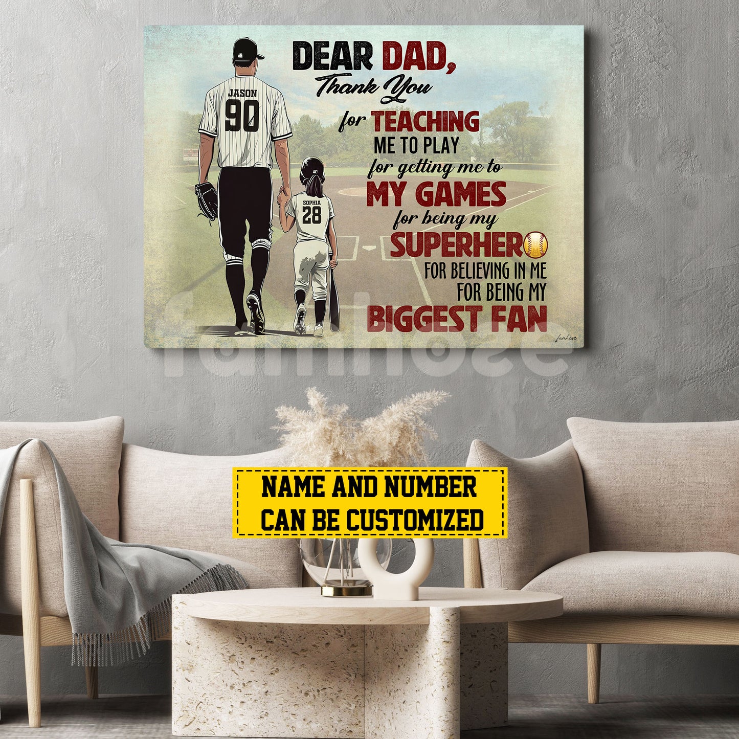 Motivational Personalized Softball Dad Daughter Canvas Painting, Dear Dad Thank You Wall Art Decor, Poster Father's Day Gift For Softball Lovers