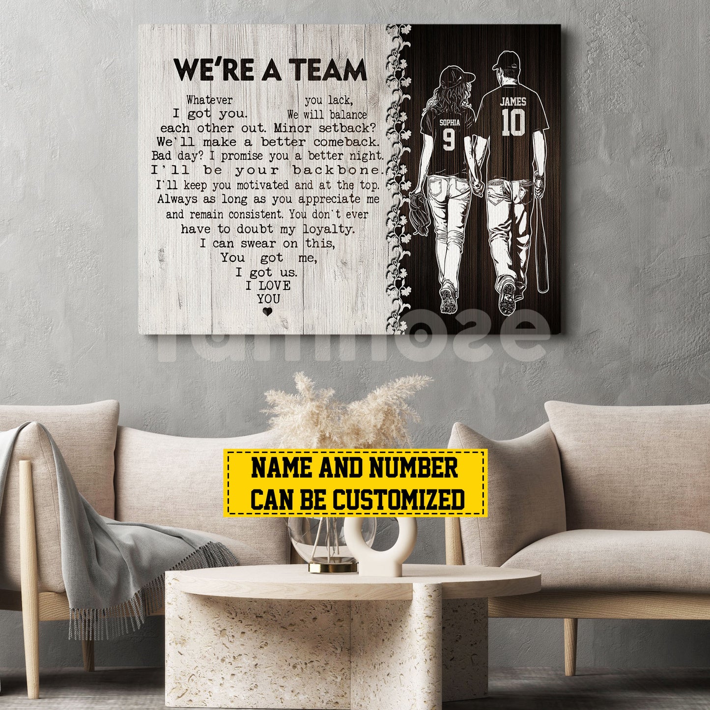 Romantic Personalized Baseball Couple Canvas Painting, We're A Team Sports Quotes Wall Art Decor, Poster Valentine's Day Gift For Baseball-Loving Couple