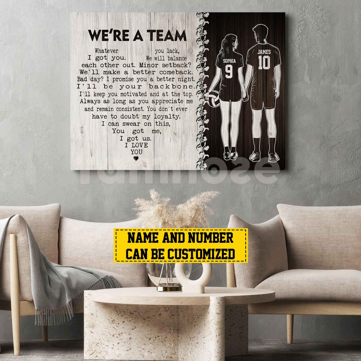 Romantic Personalized Volleyball Couple Canvas Painting, We're A Team, Sports Quotes Wall Art Decor, Poster Valentine's Day Gift For Volleyball-Loving Couple