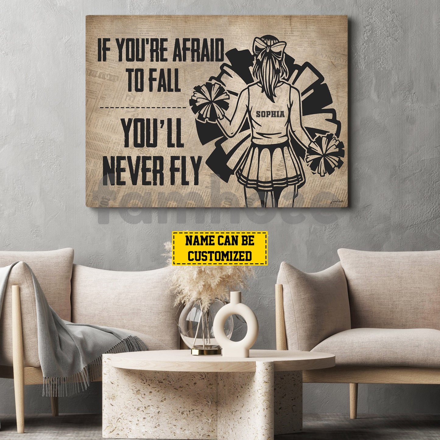 Motivational Personalized Cheerleading Girl Canvas Painting, If You're Afraid To Fall You'll Never Fly Wall Art Decor, Poster Gift For Cheerleading Lovers