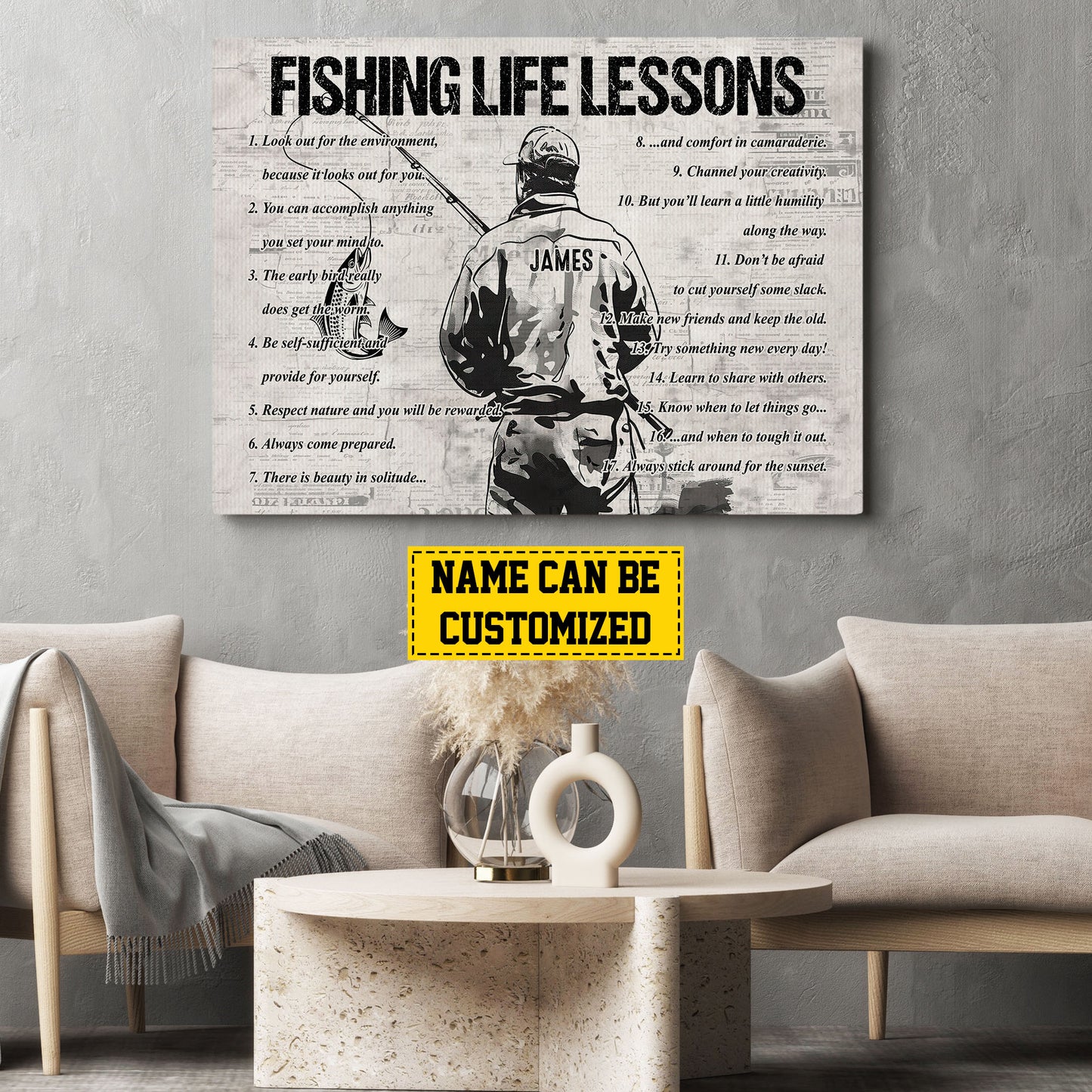 Fishing Life Lessons, Personalized Motivational Fishing Boy Canvas Painting, Sports Quotes Wall Art Decor, Poster Gift For Fishing Lovers